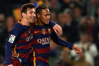 BARCELONA, SPAIN - FEBRUARY 03:  Lionel Messi of Barcelona celebrates scoring his team's fourth goal with his teammate Neymar JR (R) during the Copa del Rey Semi Final, first leg match between FC Barcelona and Valencia CF at Nou Camp on February 03, 2016 