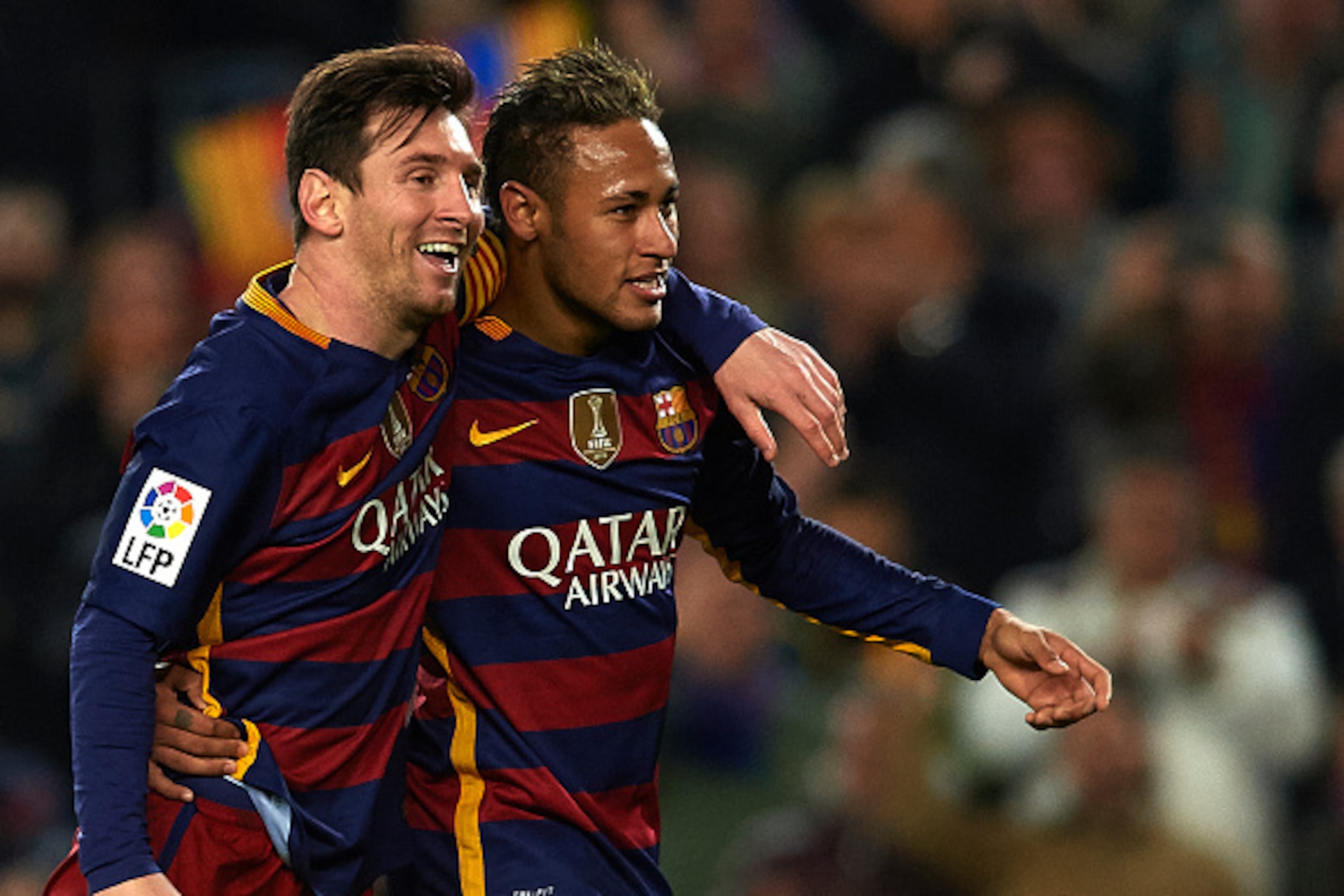 BARCELONA, SPAIN - FEBRUARY 03:  Lionel Messi of Barcelona celebrates scoring his team's fourth goal with his teammate Neymar JR (R) during the Copa del Rey Semi Final, first leg match between FC Barcelona and Valencia CF at Nou Camp on February 03, 2016 