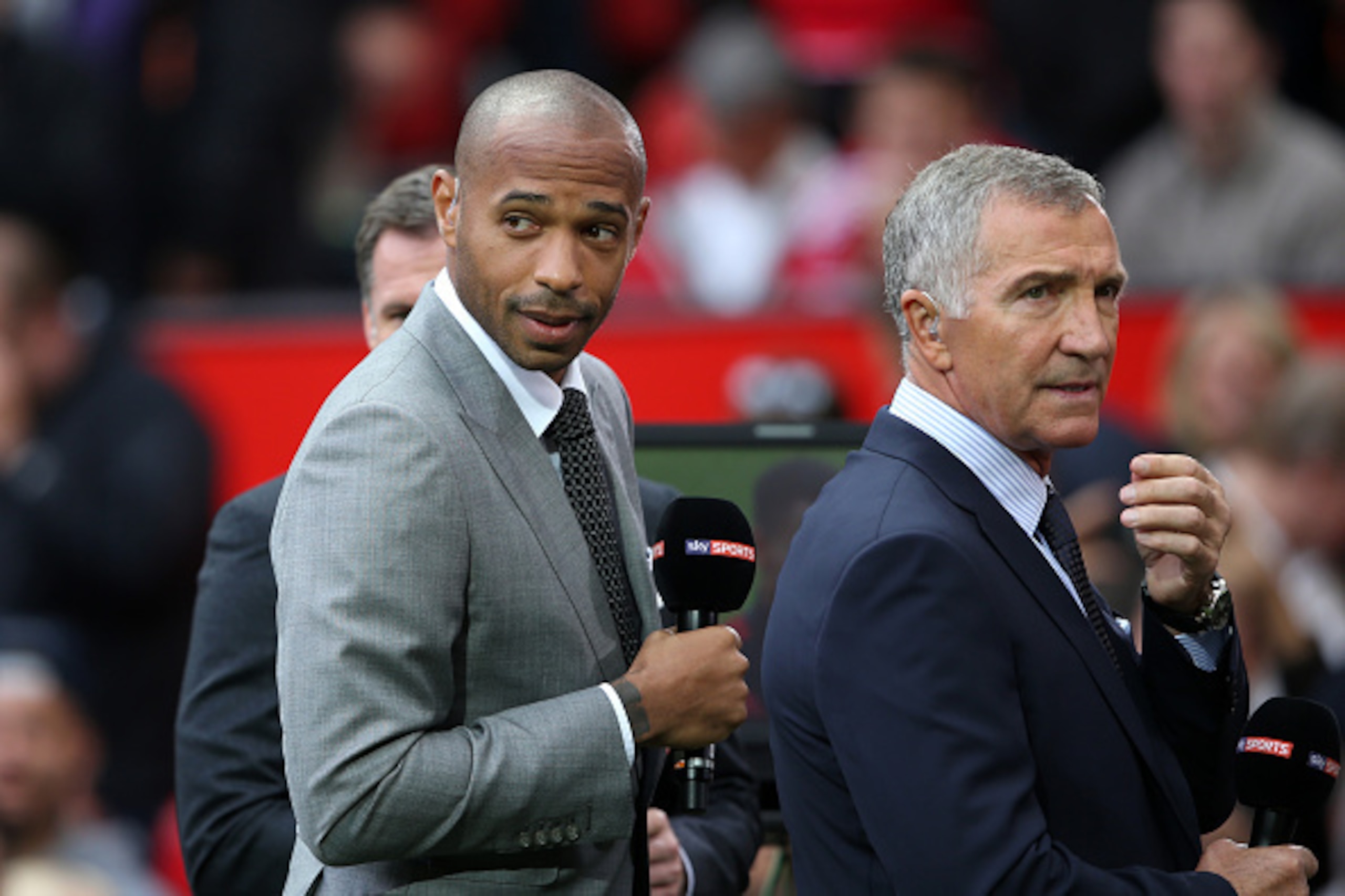 MANCHESTER, ENGLAND - SEPTEMBER 12: Thierry Henry and Graeme Souness working for Sky Sports Television during the Barclays Premier League match between Manchester United and Liverpool on September 12, 2015 in Manchester, United Kingdom. (Photo by Matthe MANCHESTER, ENGLAND - SEPTEMBER 12: Thierry Henry and Graeme Souness working for Sky Sports Television during the Barclays Premier League match between Manchester United and Liverpool on September 12, 2015 in Manchester, United Kingdom. (Photo by Matthe