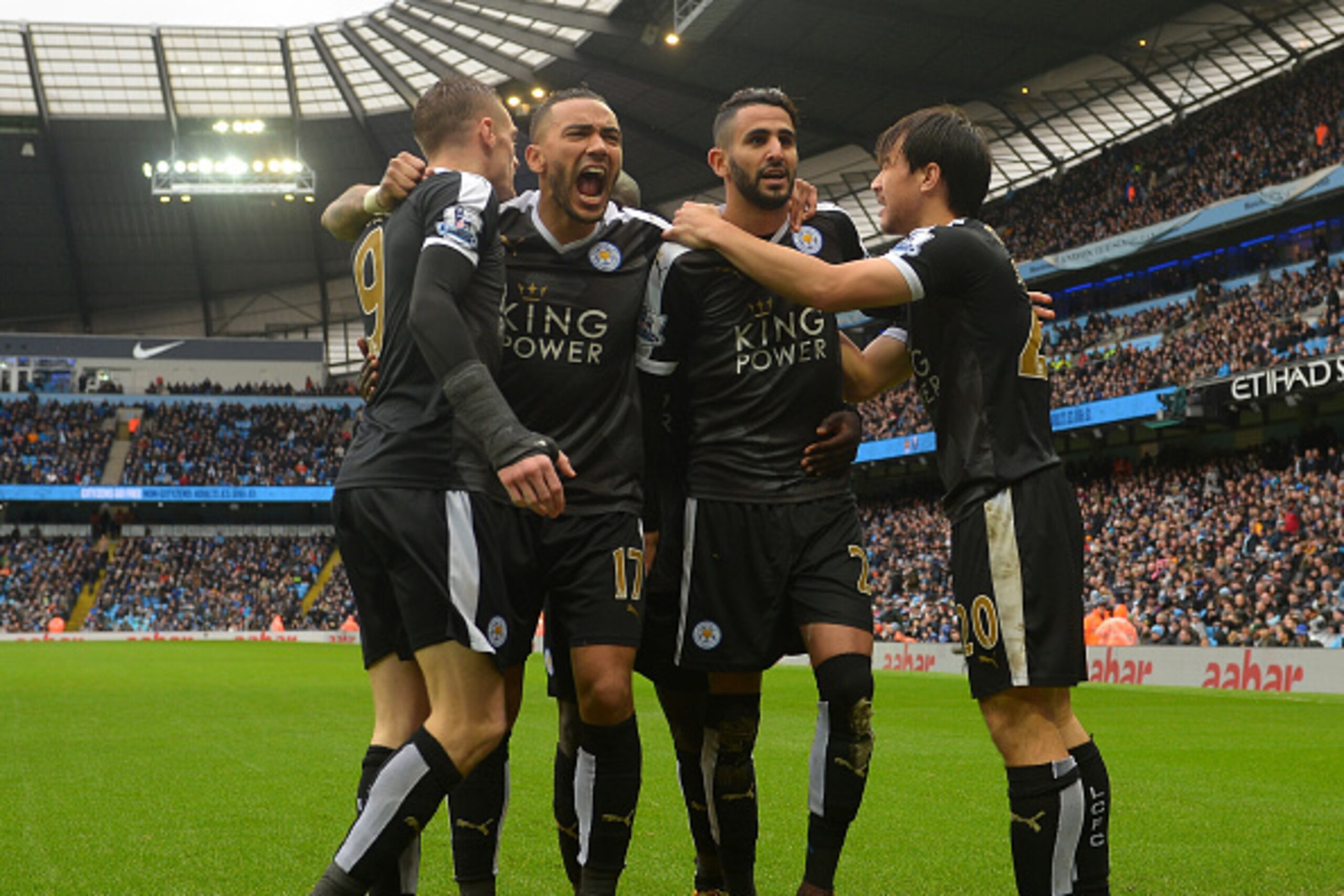 MANCHESTER, ENGLAND - FEBRUARY 06: Riyad Mahrez (2nd R) of Leicester City celebrates scoring his team's second goal with his team mates Shinji Okazaki (1st R), Danny Simpson (2nd L) and Jamie Vardy (1st L) during the Barclays Premier League match between MANCHESTER, ENGLAND - FEBRUARY 06: Riyad Mahrez (2nd R) of Leicester City celebrates scoring his team's second goal with his team mates Shinji Okazaki (1st R), Danny Simpson (2nd L) and Jamie Vardy (1st L) during the Barclays Premier League match between
