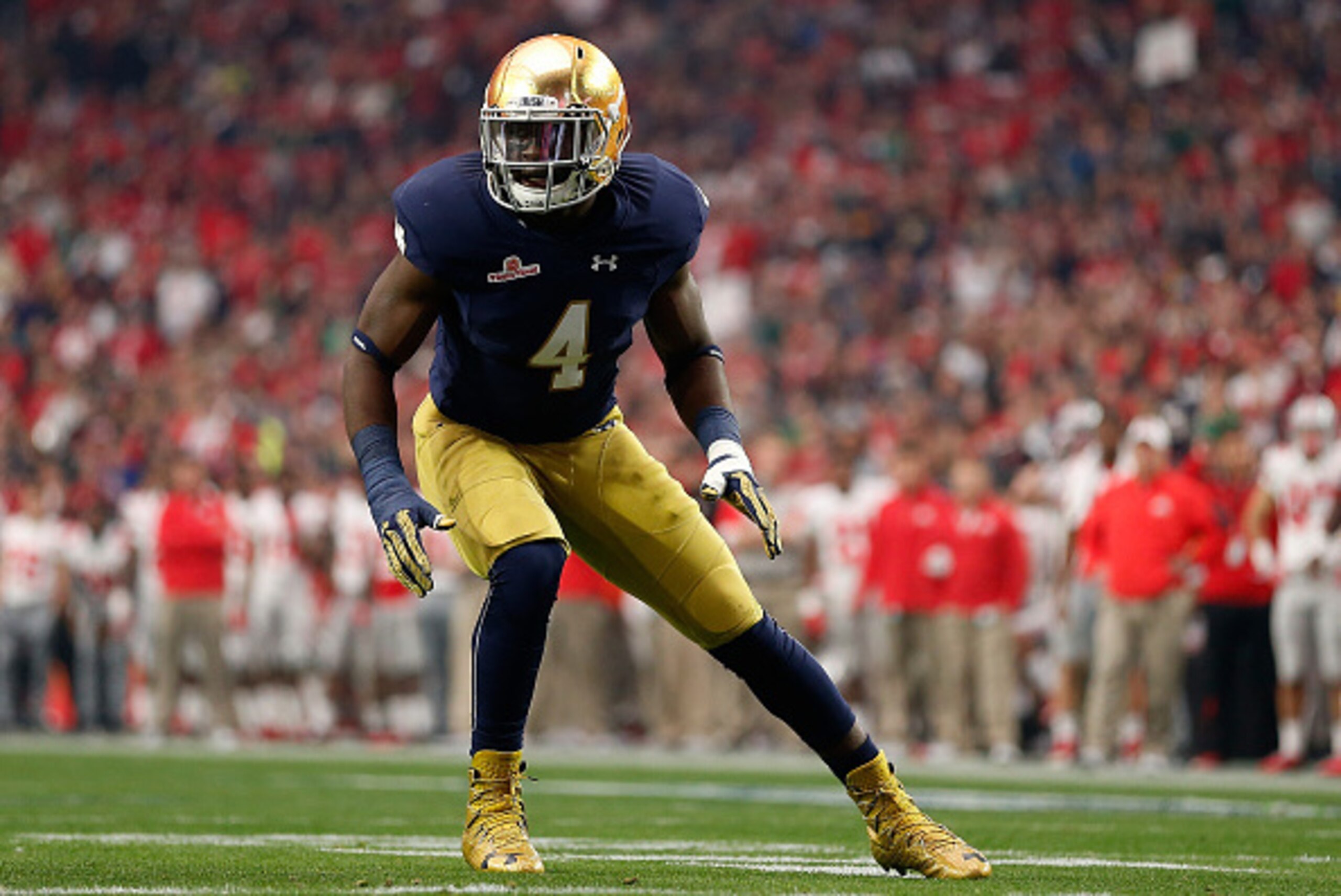 GLENDALE, AZ - JANUARY 01:  Linebacker Te'von Coney #4 of the Notre Dame Fighting Irish in action during the BattleFrog Fiesta Bowl against the Ohio State Buckeyes at University of Phoenix Stadium on January 1, 2016 in Glendale, Arizona. The Buckeyes defe