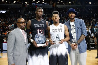 NEW YORK, NY - APRIL 17:  (L-R) President of the Jordan Brand Larry Miller, East Team MVP Cheick Diallo (Centereach, NY), West Team MVP Allonzo Trier (Henderson, NV) and Jordan Brand athlete Carmelo Anthony at the 2015 Jordan Brand Classic at Barclays Cen