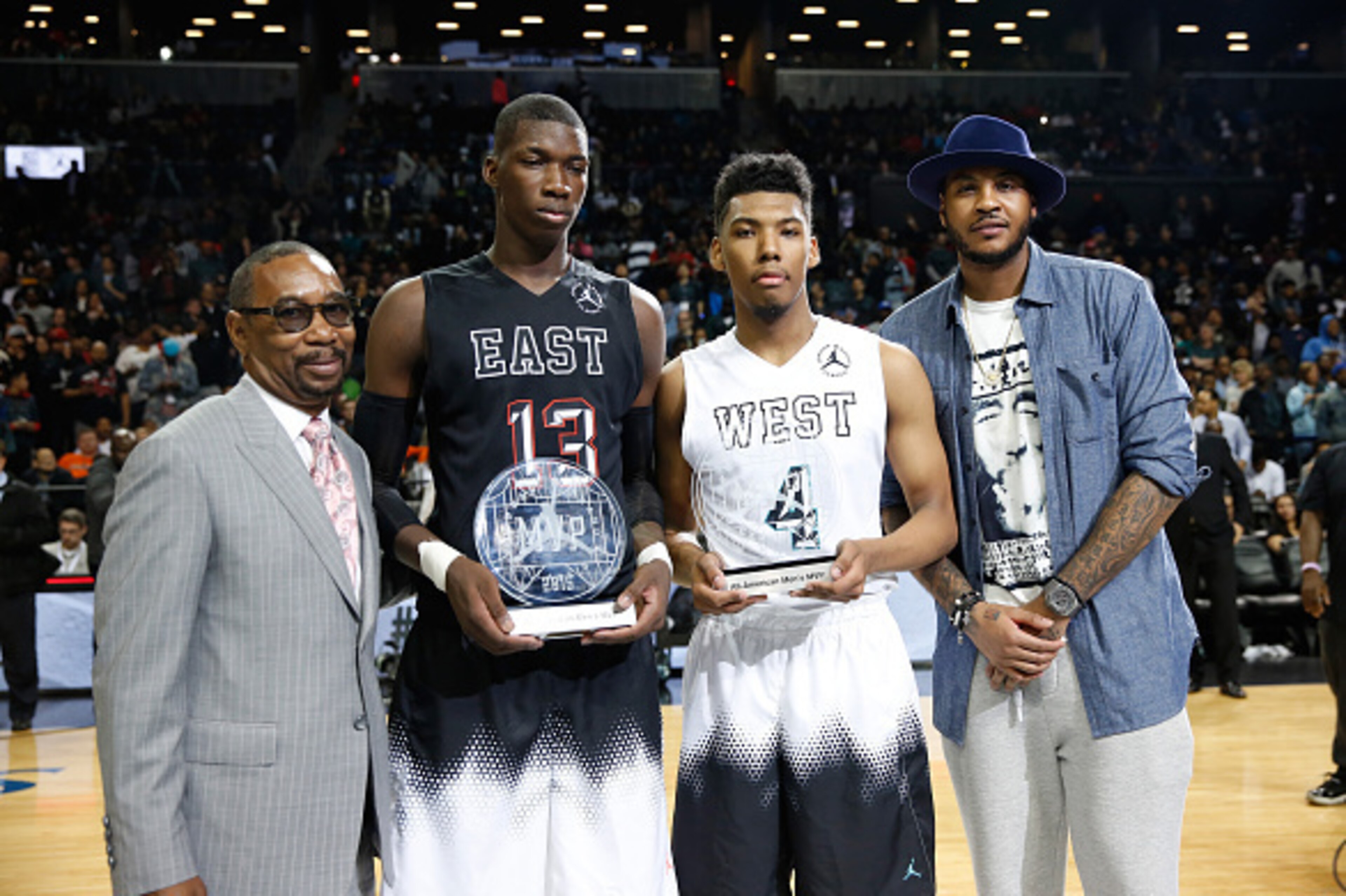 NEW YORK, NY - APRIL 17: (L-R) President of the Jordan Brand Larry Miller, East Team MVP Cheick Diallo (Centereach, NY), West Team MVP Allonzo Trier (Henderson, NV) and Jordan Brand athlete Carmelo Anthony at the 2015 Jordan Brand Classic at Barclays Cen NEW YORK, NY - APRIL 17: (L-R) President of the Jordan Brand Larry Miller, East Team MVP Cheick Diallo (Centereach, NY), West Team MVP Allonzo Trier (Henderson, NV) and Jordan Brand athlete Carmelo Anthony at the 2015 Jordan Brand Classic at Barclays Cen