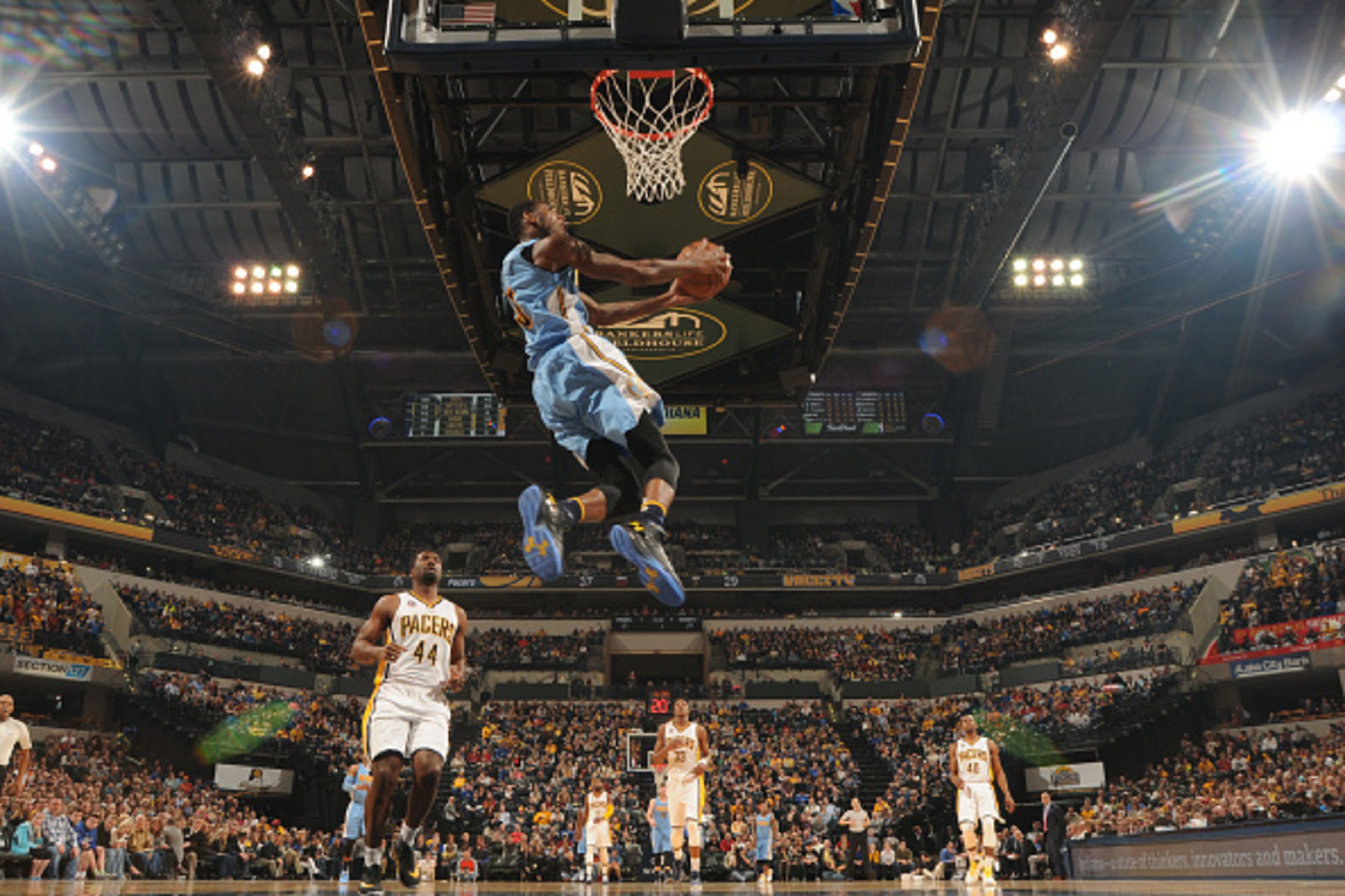INDIANAPOLIS, IN - JANUARY 30: Will Barton #5 of the Denver Nuggets dunks against the Indiana Pacers on January 30, 2016 at Bankers Life Fieldhouse in Indianapolis, Indiana. NOTE TO USER: User expressly acknowledges and agrees that, by downloading and or 