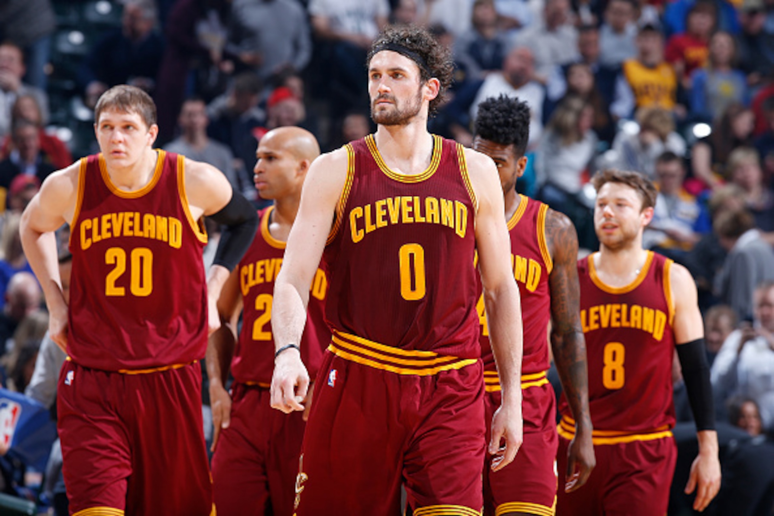 INDIANAPOLIS, IN - FEBRUARY 1: Kevin Love #0 of the Cleveland Cavaliers walks ahead of teammates onto the floor against the Indiana Pacers during the game at Bankers Life Fieldhouse on February 1, 2016 in Indianapolis, Indiana. The Cavaliers defeated the INDIANAPOLIS, IN - FEBRUARY 1: Kevin Love #0 of the Cleveland Cavaliers walks ahead of teammates onto the floor against the Indiana Pacers during the game at Bankers Life Fieldhouse on February 1, 2016 in Indianapolis, Indiana. The Cavaliers defeated the