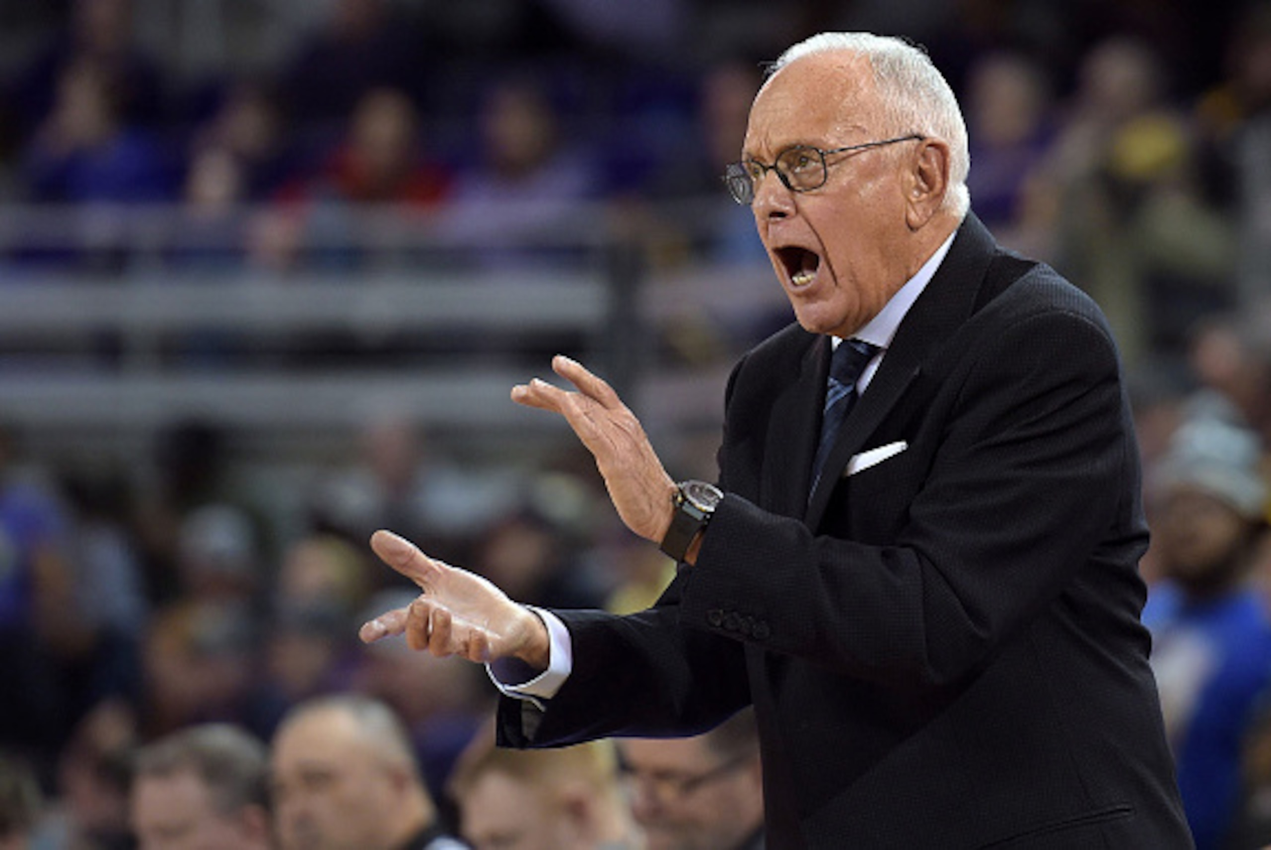 GREENVILLE, NC - JANUARY 13: Head coach Larry Brown of the SMU Mustangs directs his team against the East Carolina Pirates at Williams Arena at Minges Coliseum on January 13, 2016 in Greenville, North Carolina. SMU defeated East Carolina 79-55. (Photo by 