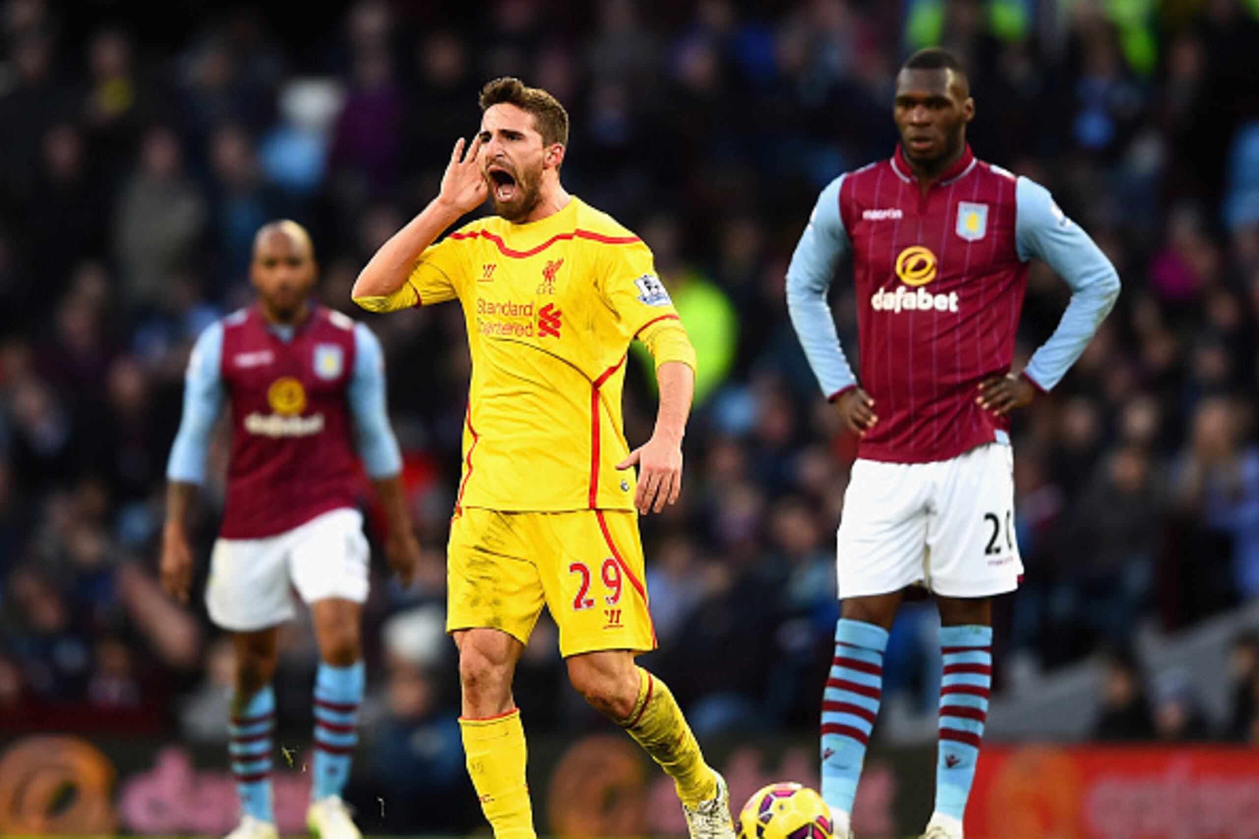 BIRMINGHAM, ENGLAND - JANUARY 17:  Fabio Borini of Liverpool celebrates scoring their first goal during the Barclays Premier League match between Aston Villa and Liverpool at Villa Park on January 17, 2015 in Birmingham, England.  (Photo by Laurence Griff