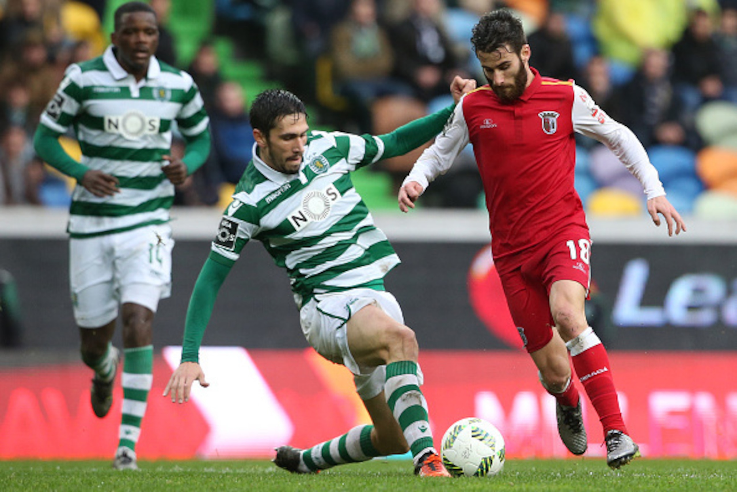 LISBON, PORTUGAL - JANUARY 10:  SC Braga's forward Rafa Silva with Sporting CP's defender Paulo Oliveira in action during the Primeira Liga match between Sporting CP and SC Braga at Estadio Jose Alvalade on January 10, 2016 in Lisbon, Portugal.  (Photo by