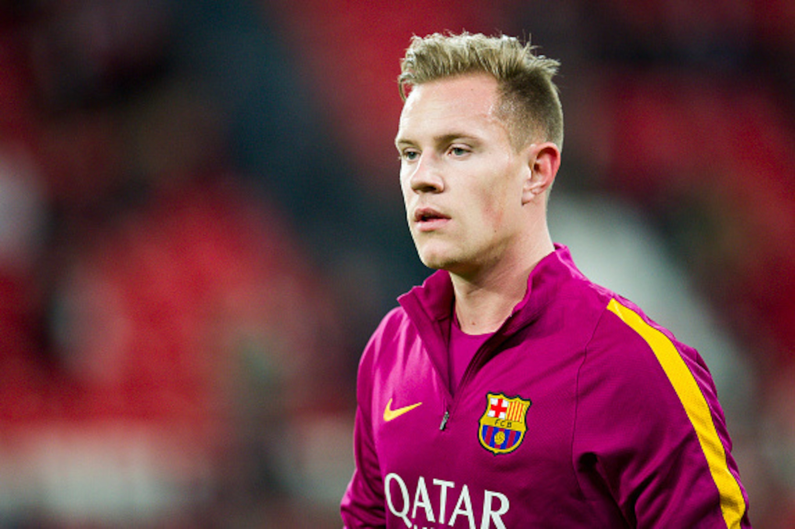 BILBAO, SPAIN - JANUARY 20: Marc-Andre ter Stegen of FC Barcelola looks on prior to the start the Copa del Rey Quarter Final First Leg match between Athletic Club and FC Barcelola at San Mames Stadium on January 20, 2016 in Bilbao, Spain.  (Photo by Juan 