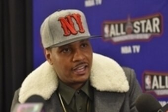Feb 12, 2016; Toronto, Ontario, Canada; Eastern Conference forward Carmelo Anthony of the New York Knicks (7) speaks during media day for the 2016 NBA All Star Game at Sheraton Centre. Mandatory Credit: Bob Donnan-USA TODAY Sports