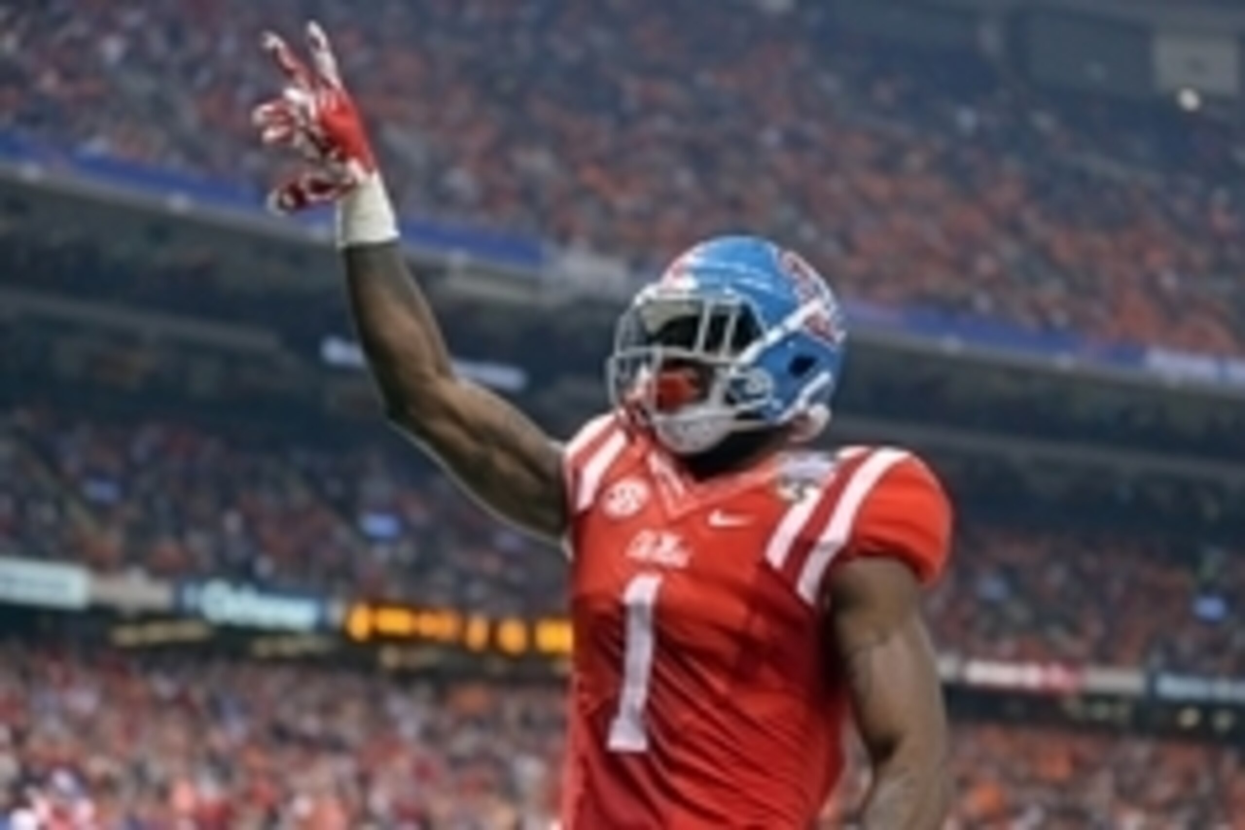 Jan 1, 2016; New Orleans, LA, USA; Mississippi Rebels wide receiver Laquon Treadwell (1) celebrates his ten-yard touchdown catch against the Oklahoma State Cowboys in the second quarter of the 2016 Sugar Bowl at the Mercedes-Benz Superdome. Mandatory Cred