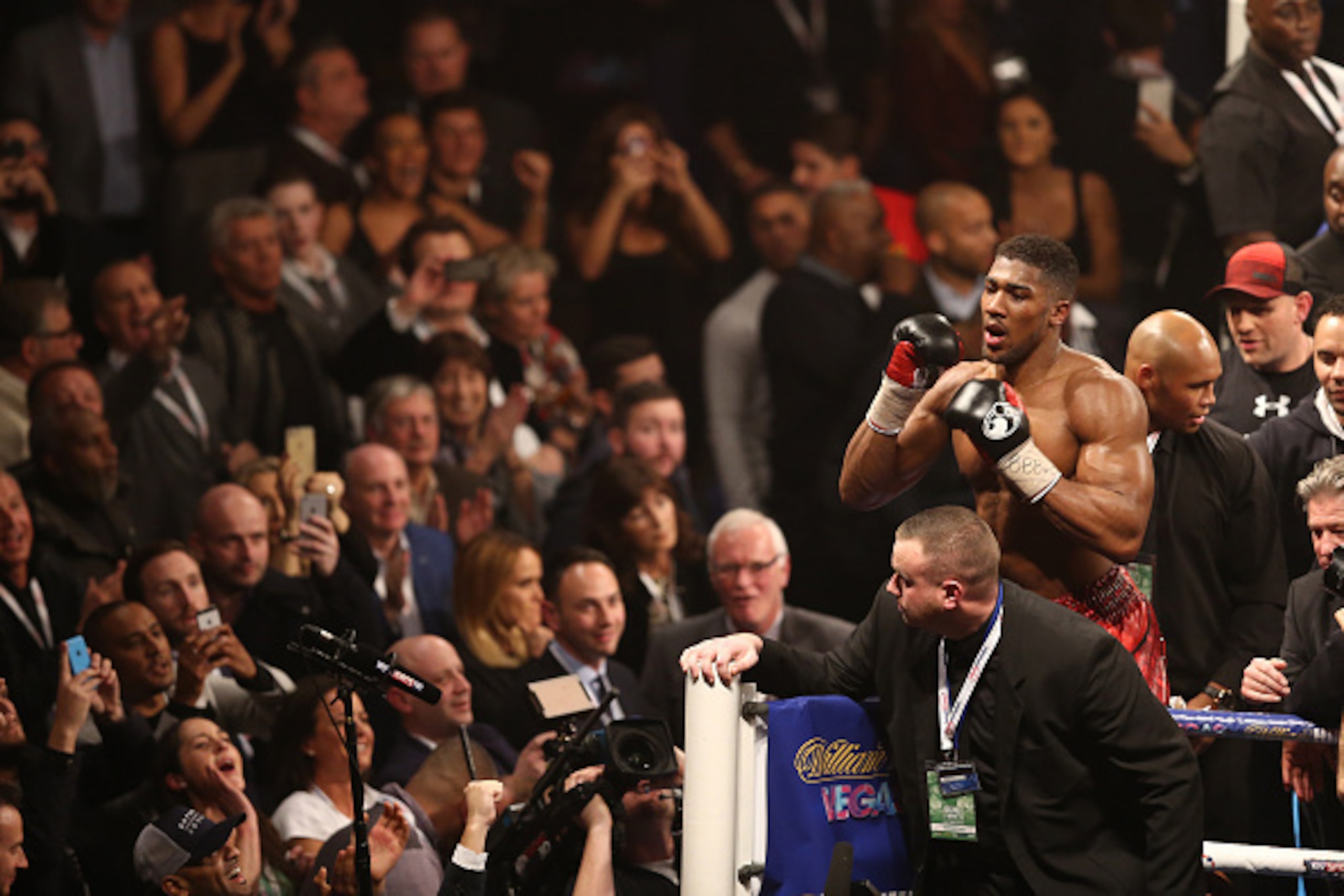 British boxer Anthony Joshua (L) celebrates beating British boxer Dillian Whyte in the British and Commonwealth heavyweight title boxing match at the O2 arena in London on December 12, 2015. AFP PHOTO / JUSTIN TALLIS / AFP / JUSTIN TALLIS        (Photo cr