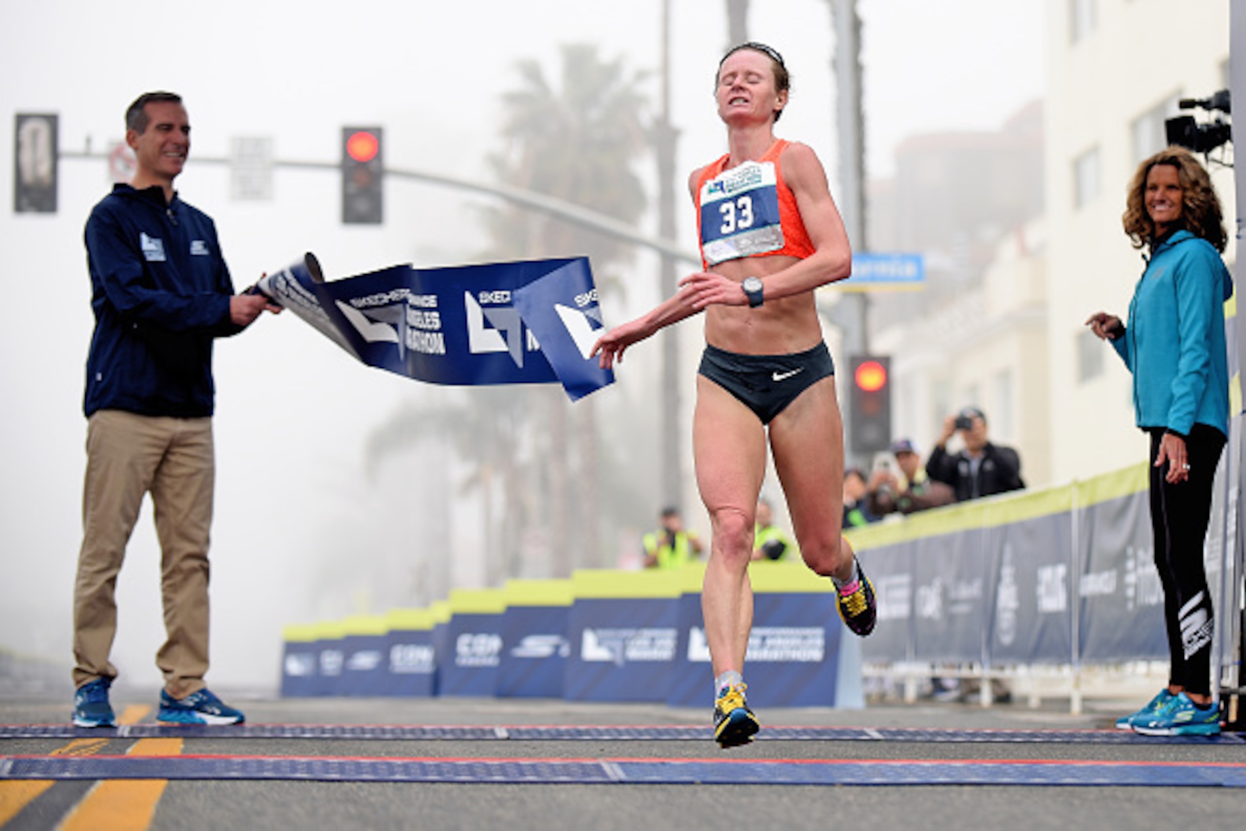 SANTA MONICA, CA - FEBRUARY 14:  Nataliya Lehonkova of Ukraine takes first place in the 2016 Skechers Performance Los Angeles Marathon on February 14, 2016 in Santa Monica, California.  (Photo by Jonathan Moore/Getty Images)