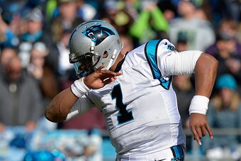 CHARLOTTE, NC - JANUARY 17:   Cam Newton #1 of the Carolina Panthers shows his trademark 'dab' against the Seattle Seahawks in the 2nd quarter during the NFC Divisional Playoff Game at Bank of America Stadium on January 17, 2016 in Charlotte, North Caroli