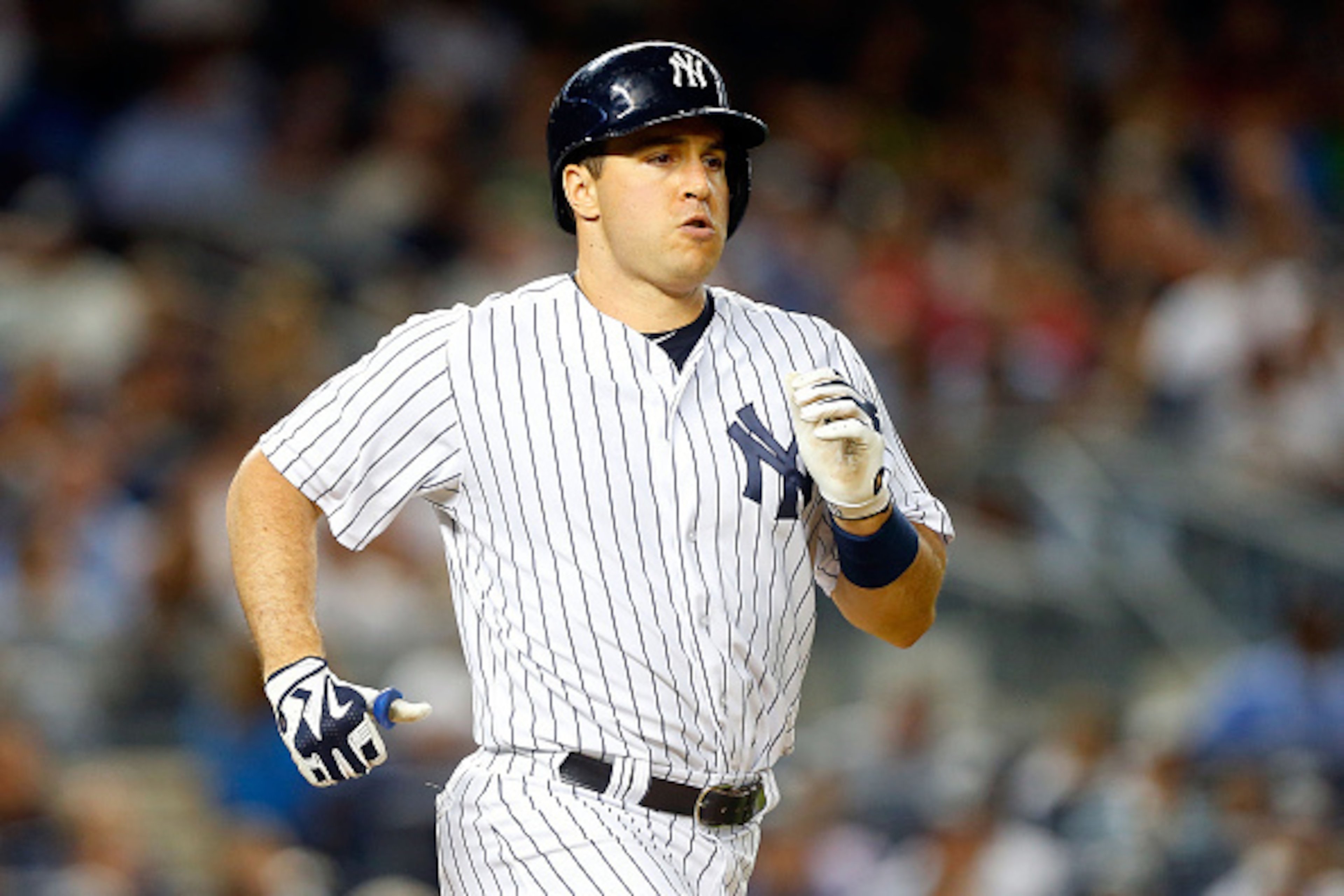 NEW YORK, NY - AUGUST 25:  (NEW YORK DAILIES OUT)    Mark Teixeira #25 of the New York Yankees in action against the Houston Astros at Yankee Stadium on August 25, 2015 in the Bronx borough of New York City. The Astros defeated the Yankees 15-1.  (Photo b