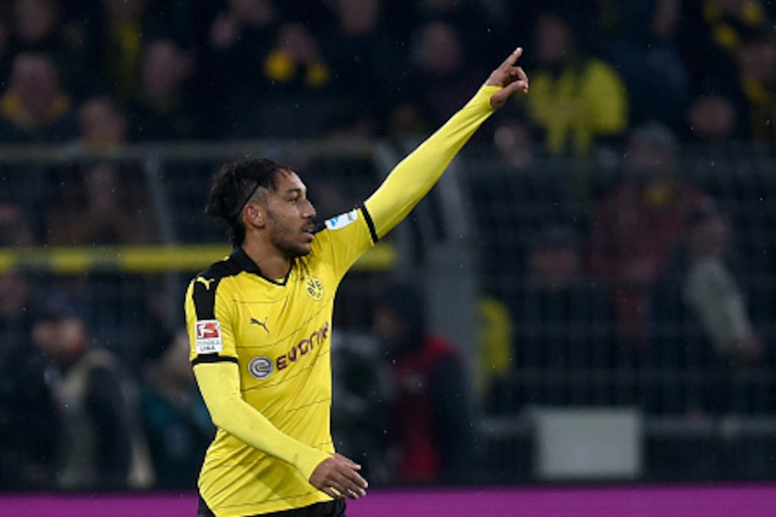 Dortmund's Gabonese striker Pierre-Emerick Aubameyang celebrates during the German first division Bundesliga football match of Borussia Dortmund vs FC Ingolstadt 04 in Dortmund, western Germany, on January 30, 2016.
Dortmund won the match 2-0. / AFP / PA Dortmund's Gabonese striker Pierre-Emerick Aubameyang celebrates during the German first division Bundesliga football match of Borussia Dortmund vs FC Ingolstadt 04 in Dortmund, western Germany, on January 30, 2016.
Dortmund won the match 2-0. / AFP / PA