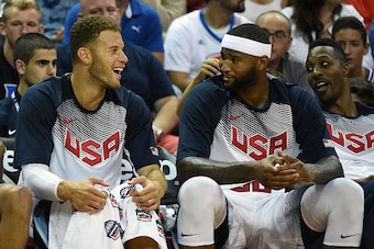 LAS VEGAS, NV - AUGUST 13:  (L-R) Blake Griffin #44, DeMarcus Cousins #36 and Dwight Howard of the 2015 USA Basketball Men's National Team laugh on the bench during a USA Basketball showcase at the Thomas & Mack Center on August 13, 2015 in Las Vegas, Nev