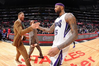 LOS ANGELES, CA - JANUARY 16: Blake Griffin #32 of the Los Angeles Clippers high fives DeMarcus Cousins #15 of the Sacramento Kings after the game on January 16, 2016 at STAPLES Center in Los Angeles, California. NOTE TO USER: User expressly acknowledges