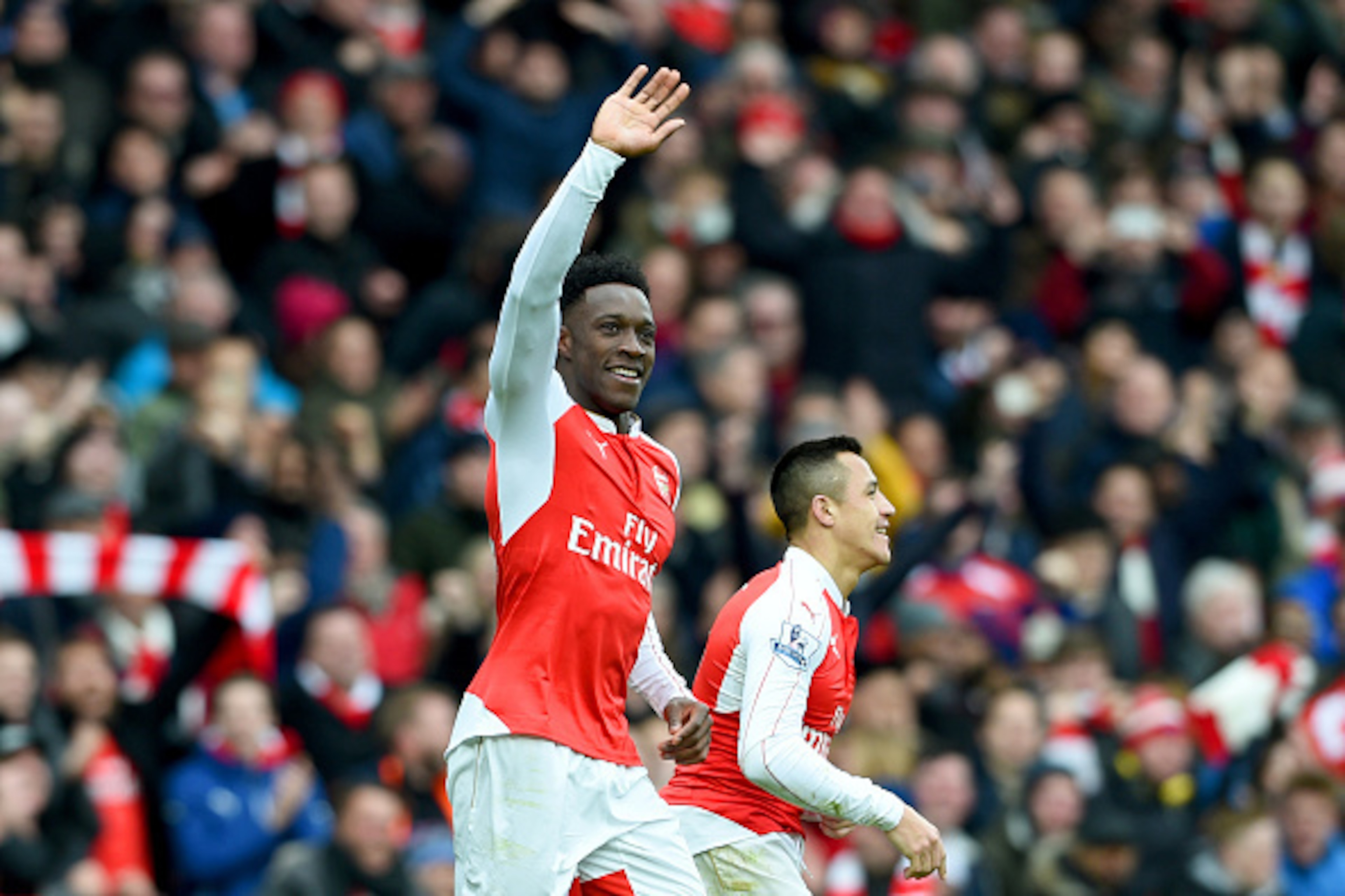 LONDON, ENGLAND - FEBRUARY 14:  Danny Welbeck of Arsenal celebrates after scoring the winning goal during the Barclays Premier League match between Arsenal and Leicester City at Emirates Stadium on February 14, 2016 in London, England.  (Photo by Ross Kin