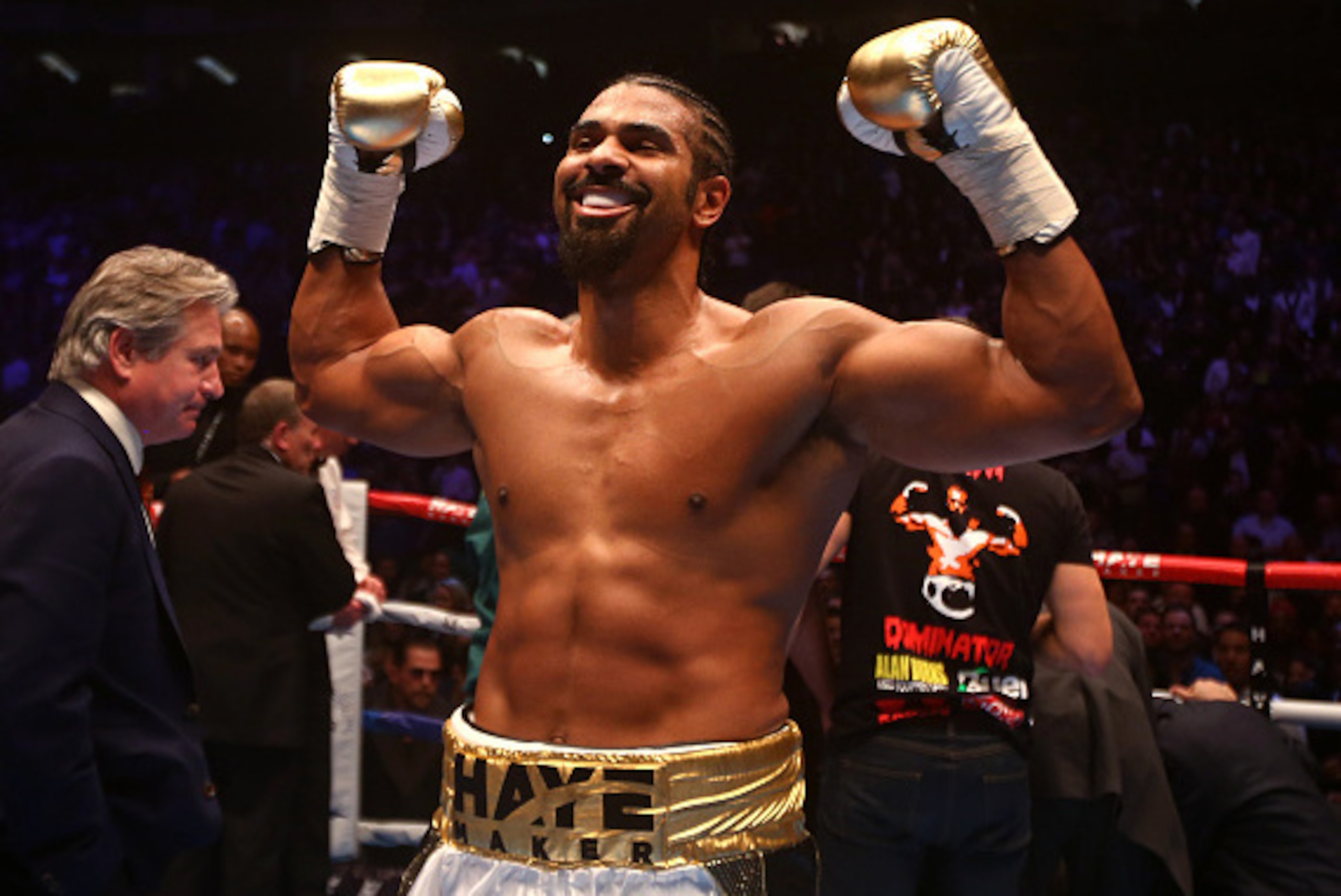 LONDON, ENGLAND - JANUARY 16: David Haye  of England celebrates after beating Mark De Mori of Australia during their International heavyweight contest at The O2 Arena on January 16, 2016 in London, England. (Photo by Charlie Crowhurst/Getty Images)