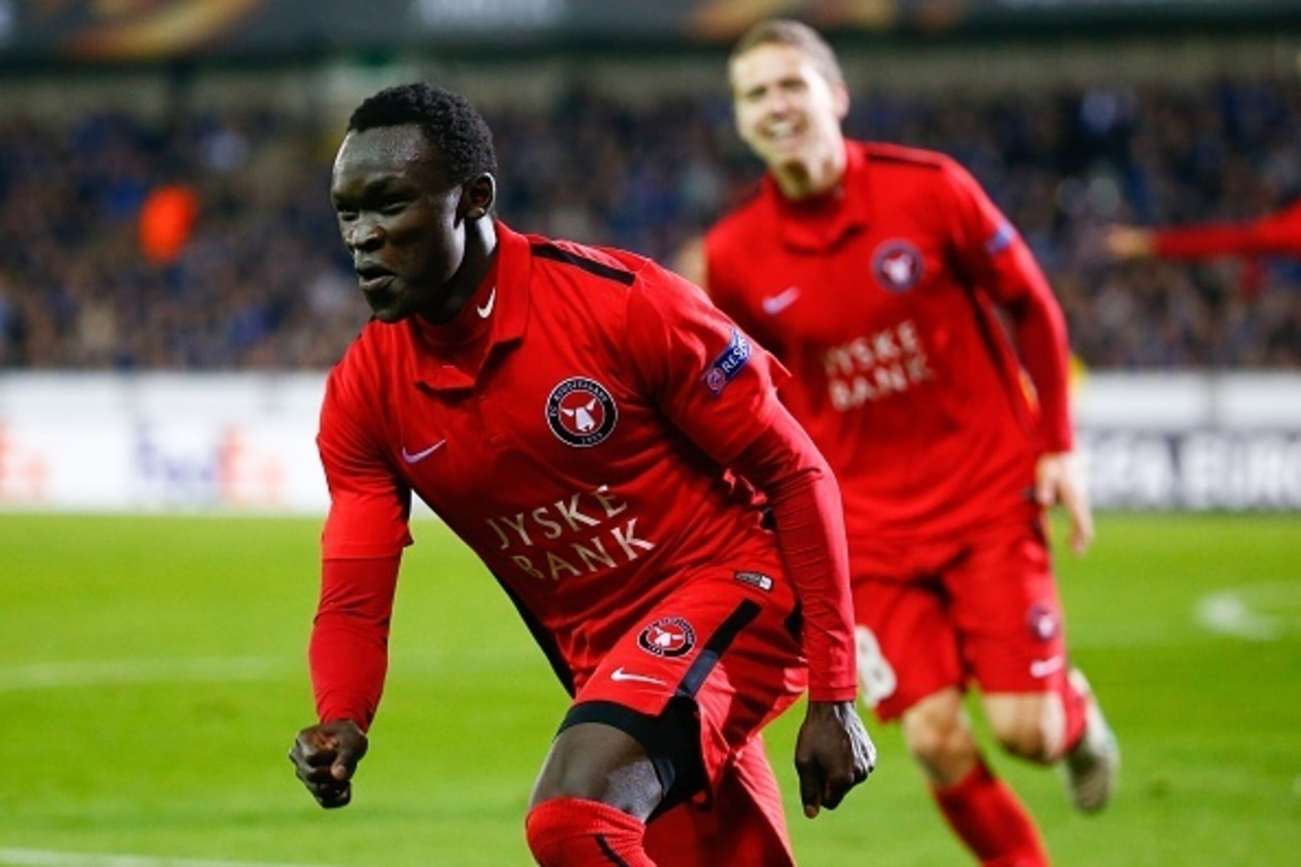 Midtjylland's midfielder Pione Sisto celebrates after scoring during the UEFA Europa League group D football match between Club Brugge KV and FC Midtjylland on October 1, 2015 in Brugge. AFP PHOTO / BELGA PHOTO / KURT DESPLENTER ** Belgium Out ** ( Midtjylland's midfielder Pione Sisto celebrates after scoring during the UEFA Europa League group D football match between Club Brugge KV and FC Midtjylland on October 1, 2015 in Brugge. AFP PHOTO / BELGA PHOTO / KURT DESPLENTER ** Belgium Out ** (