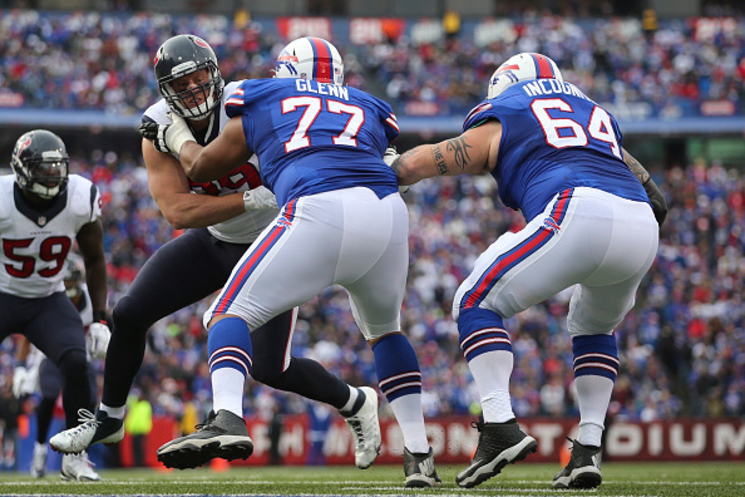 ORCHARD PARK, NY - DECEMBER 06: Cordy Glenn #77 of the Buffalo Bills and Richie Incognito #64 of the Buffalo Bills double team J.J. Watt #99 of the Houston Texans during the first half against the Buffalo Bills at Ralph Wilson Stadium on December 06, 2015 ORCHARD PARK, NY - DECEMBER 06: Cordy Glenn #77 of the Buffalo Bills and Richie Incognito #64 of the Buffalo Bills double team J.J. Watt #99 of the Houston Texans during the first half against the Buffalo Bills at Ralph Wilson Stadium on December 06, 2015