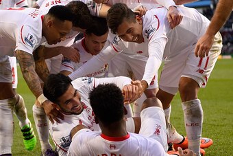 BIRMINGHAM, ENGLAND - FEBRUARY 14:  Liverpool players celebrate Emre Can (c) of Liverpool's goal during the Barclays Premier League match between Aston Villa and Liverpool at Villa Park on February 14, 2016 in Birmingham, Liverpool.  (Photo by Stu Forster