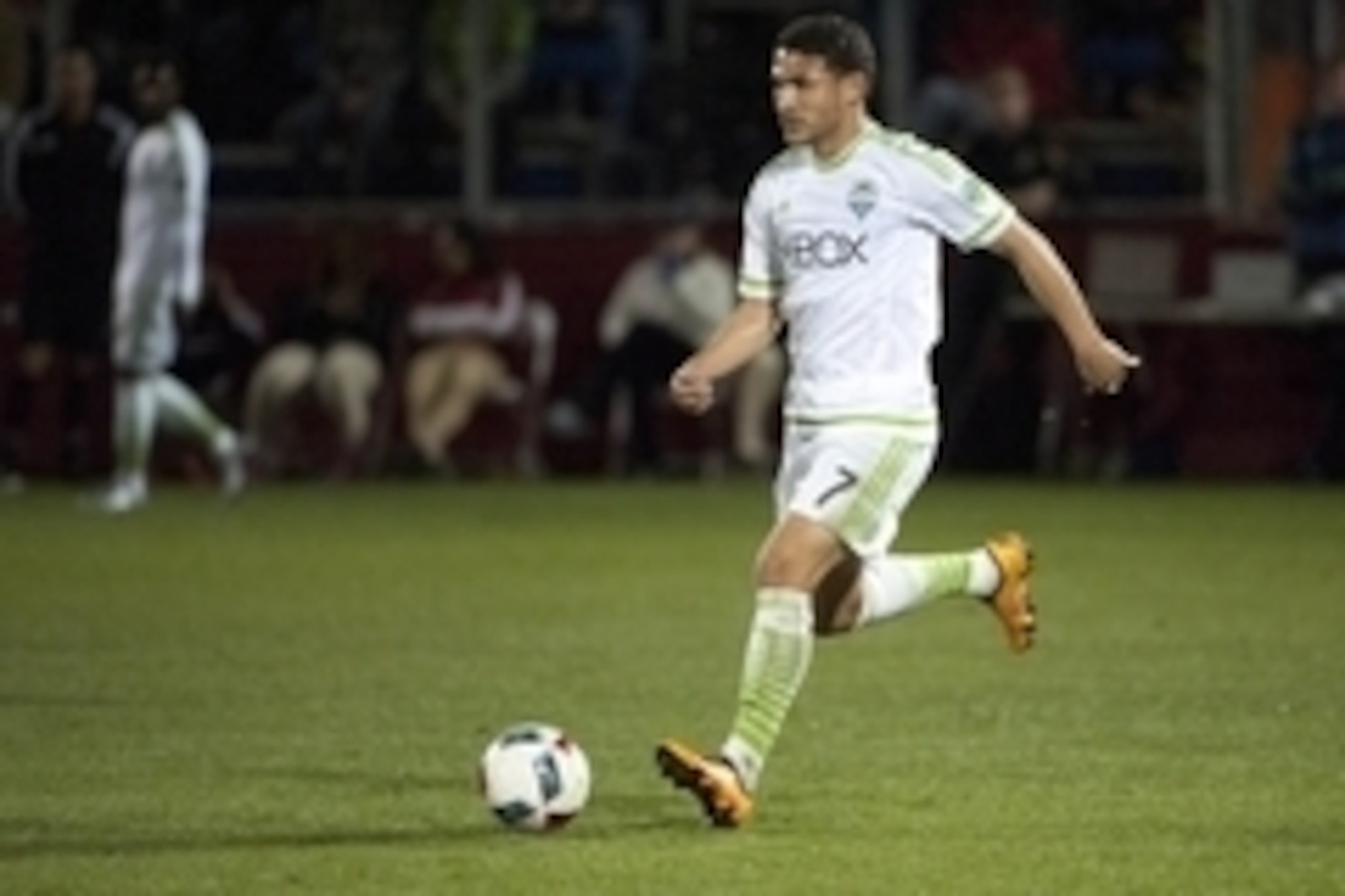 Feb 6, 2016; Tucson, AZ, USA; Seattle Sounders midfielder Cristian Roldan (7) dribbles the ball during the first half against the Portland Timbers at Kino North Stadium. Portland won 2-1. Mandatory Credit: Casey Sapio-USA TODAY Sports
