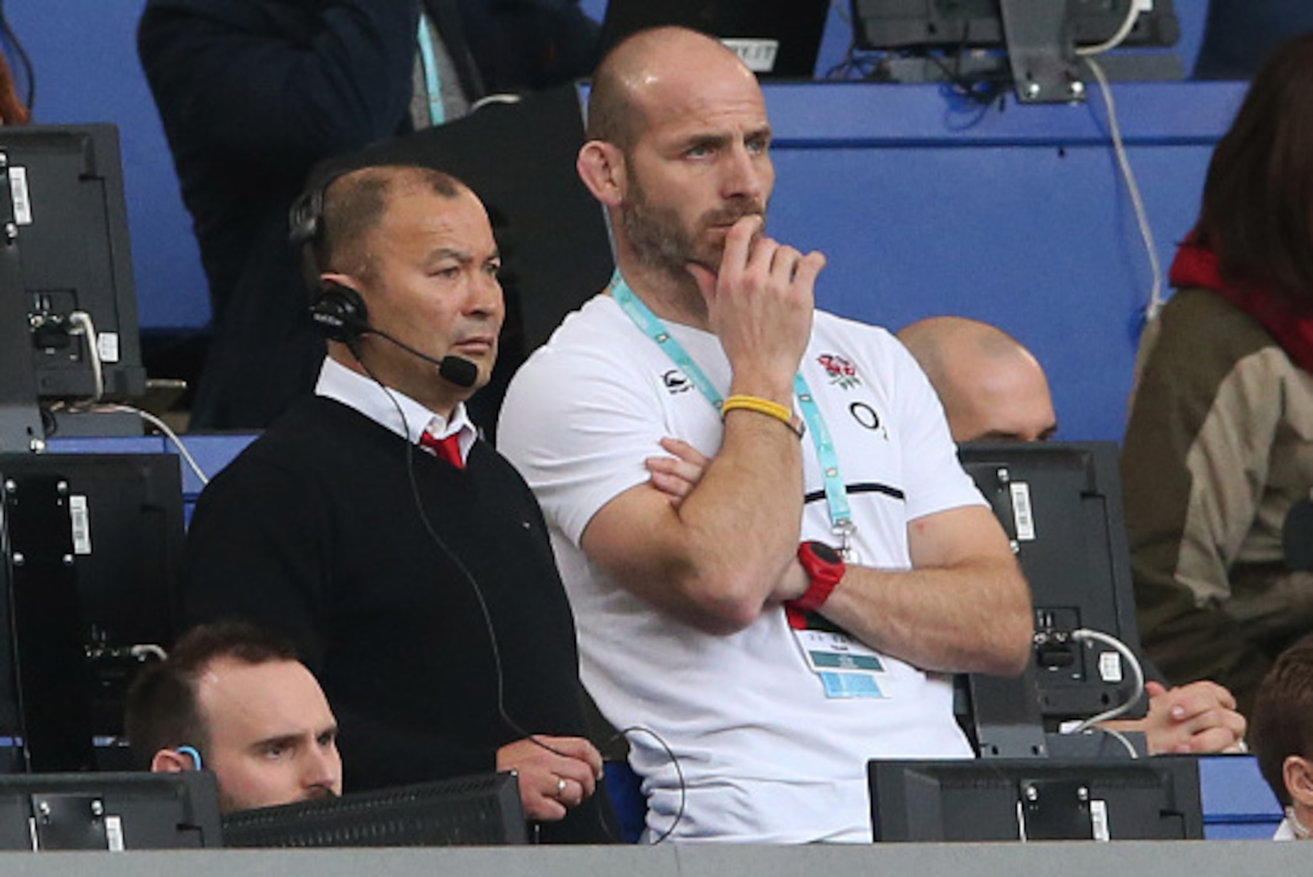 ROME, ITALY - FEBRUARY 14:  Eddie Jones the head coach of England and his assistant coach Paul Gustard look on during the RBS Six Nations match between Italy and England at the Stadio Olimpico on February 14, 2016 in Rome, Italy.  (Photo by David Rogers/G