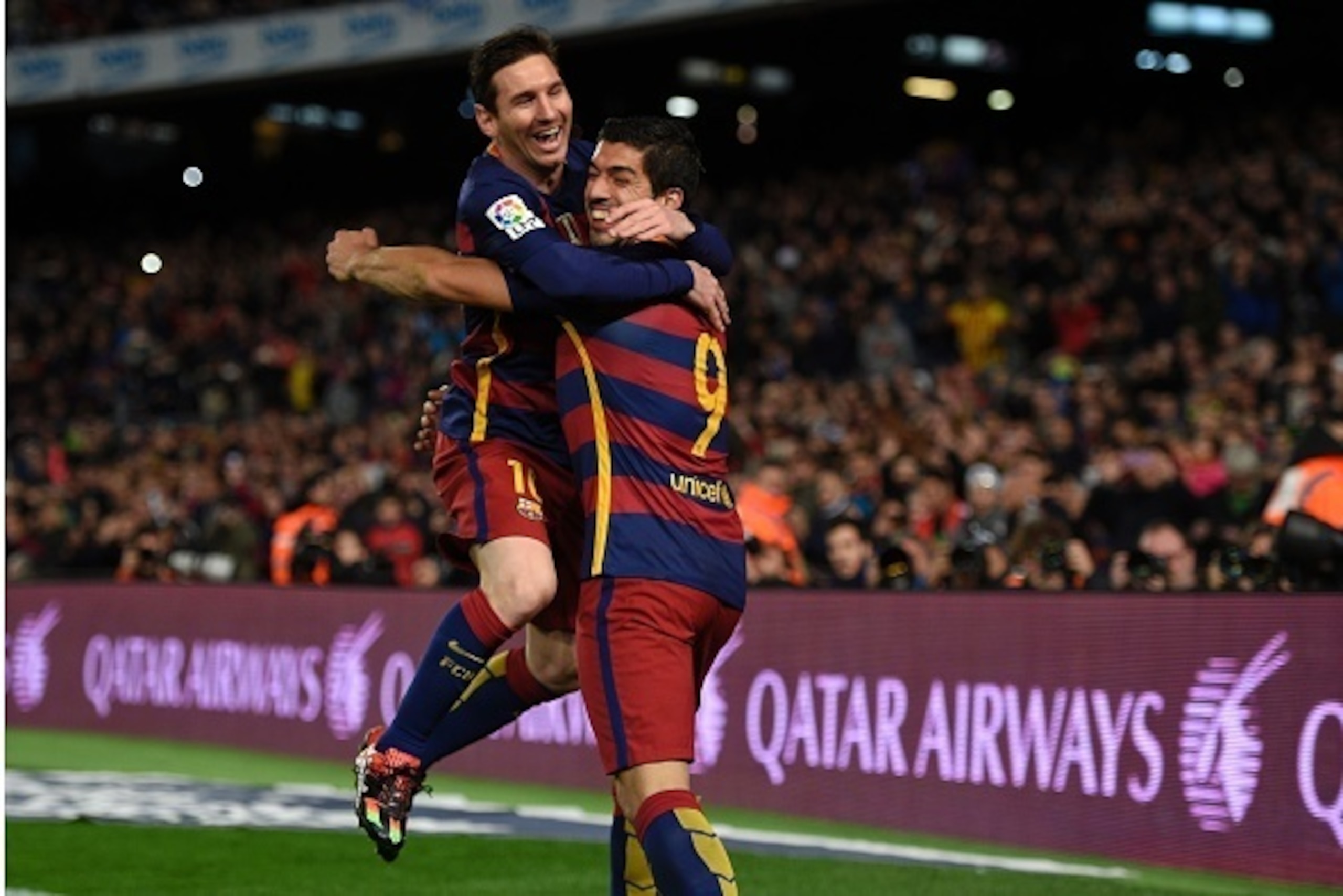 Barcelona's Uruguayan forward Luis Suarez (R) celebrates a goal with Barcelona's Argentinian forward Lionel Messi during the Spanish league football match FC Barcelona vs RC Celta de Vigo at the Camp Nou stadium in Barcelona on February 14, 2016.
/ AFP Barcelona's Uruguayan forward Luis Suarez (R) celebrates a goal with Barcelona's Argentinian forward Lionel Messi during the Spanish league football match FC Barcelona vs RC Celta de Vigo at the Camp Nou stadium in Barcelona on February 14, 2016.
/ AFP