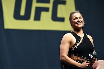 LAS VEGAS, NEVADA - SEPTEMBER 04:  UFC women's bantamweight champion Ronda Rousey answers questions from fans during a Q&A session before the UFC 191 weigh-in inside MGM Grand Garden Arena on September 4, 2015 in Las Vegas, Nevada. (Photo by Jeff Bottari/