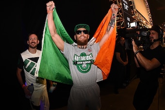 LAS VEGAS, NV - JULY 10: UFC featherweight Conor 'The Notorious' McGregor of Ireland interacts with the crowd during the UFC 189 weigh-in at the MGM Grand Garden Arena on July 10, 2015 in Las Vegas, Nevada. (Photo by Jeff Bottari/Zuffa LLC/Zuffa LLC via LAS VEGAS, NV - JULY 10: UFC featherweight Conor 'The Notorious' McGregor of Ireland interacts with the crowd during the UFC 189 weigh-in at the MGM Grand Garden Arena on July 10, 2015 in Las Vegas, Nevada. (Photo by Jeff Bottari/Zuffa LLC/Zuffa LLC via