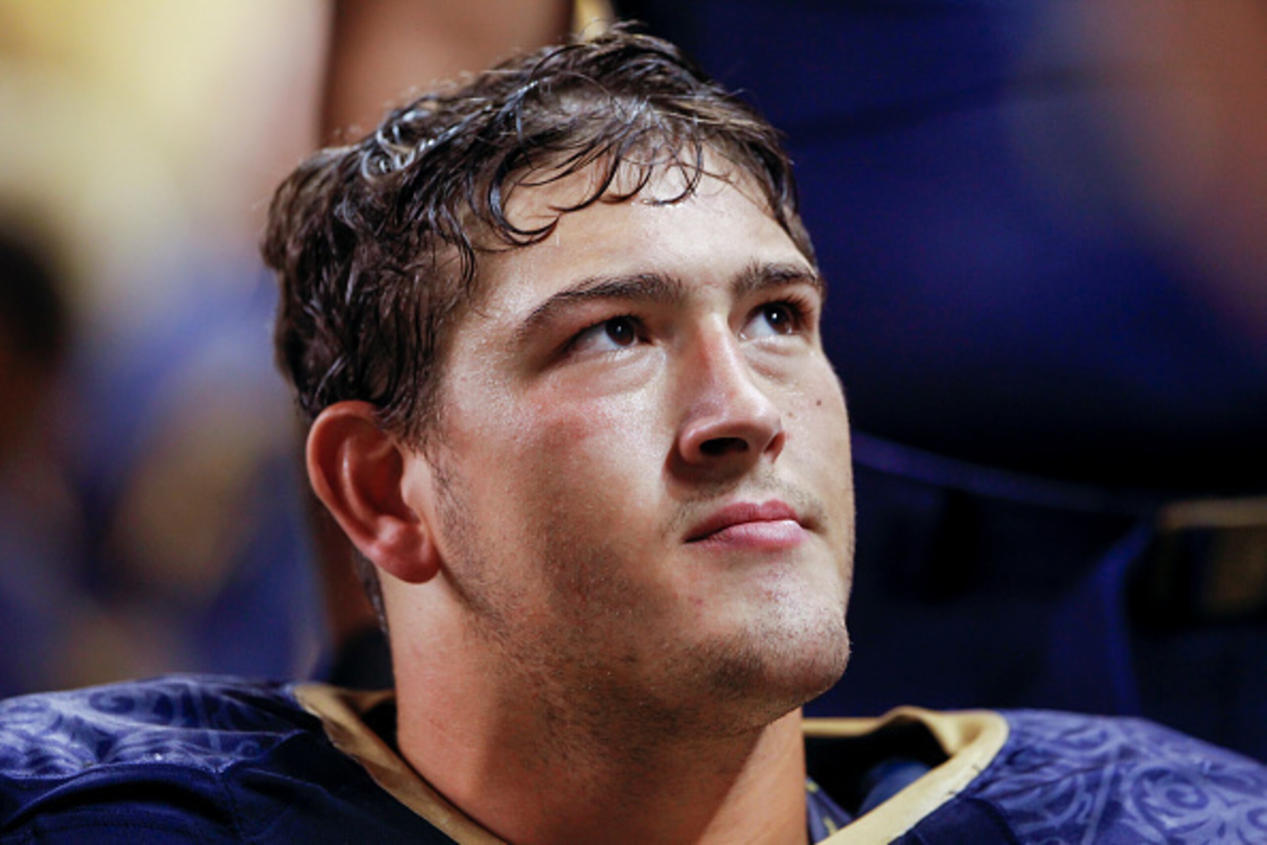 INDIANAPOLIS, IN - SEPTEMBER 13: Steve Elmer #79 of the Notre Dame Fighting Irish is seen on the sidelines during the game against the Purdue Boilermaker at Lucas Oil Stadium on September 13, 2014 in Indianapolis, Indiana.  (Photo by Michael Hickey/Getty 
