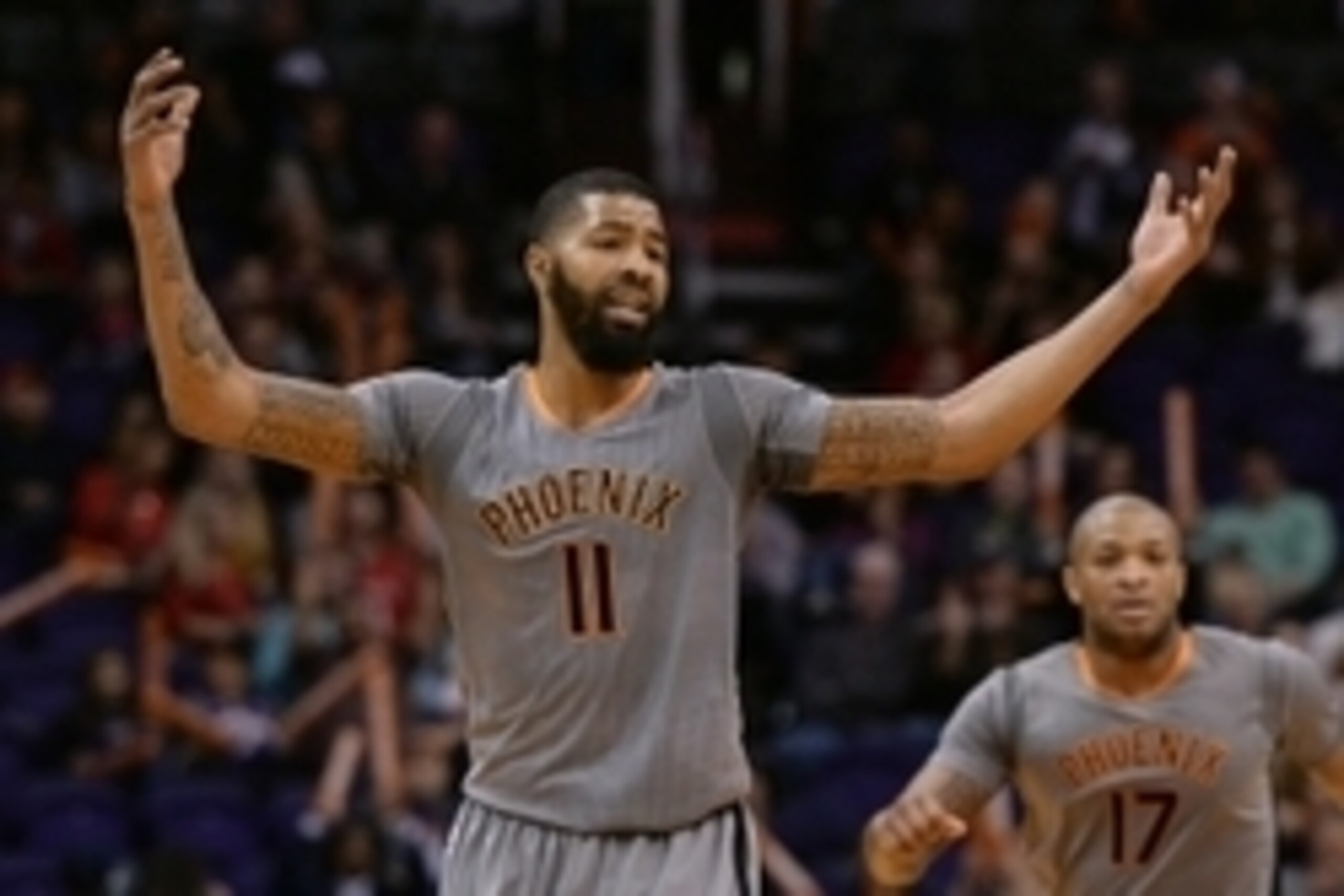 Feb 4, 2016; Phoenix, AZ, USA;  Phoenix Suns forward Markieff Morris (11) reacts to a call made during the game against the Houston Rockets at Talking Stick Resort Arena. Mandatory Credit: Jennifer Stewart-USA TODAY Sports
