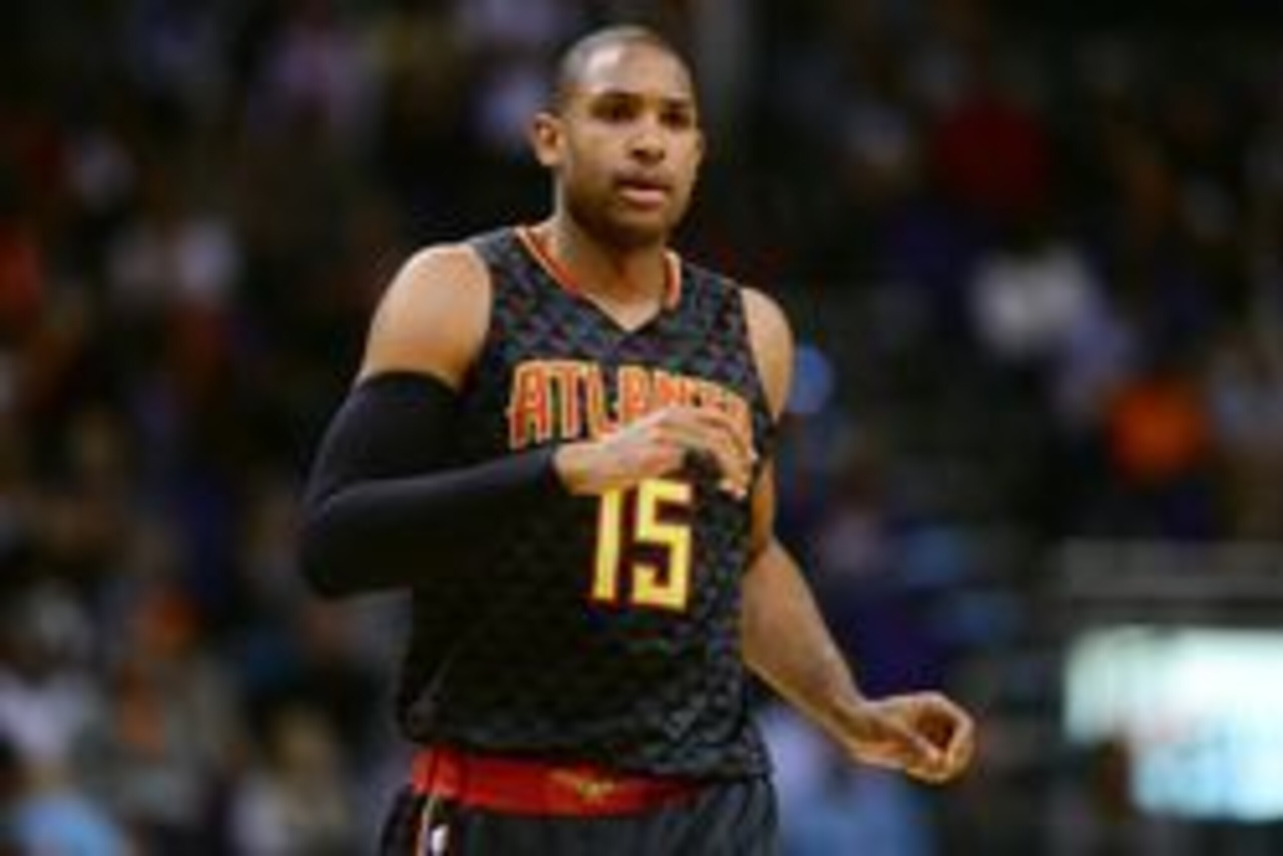Jan 23, 2016; Phoenix, AZ, USA; Atlanta Hawks center Al Horford (15) runs up the court against the Phoenix Suns in the first half at Talking Stick Resort Arena. Mandatory Credit: Jennifer Stewart-USA TODAY Sports