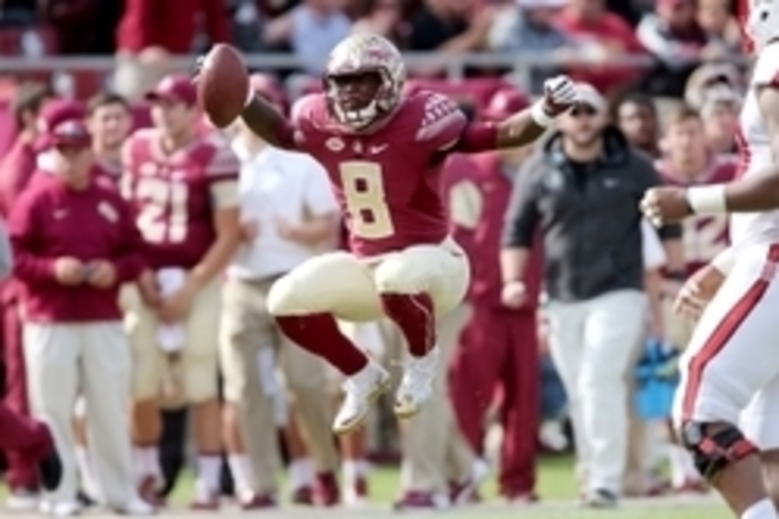 Nov 14, 2015; Tallahassee, FL, USA; Florida State Seminoles defensive back Jalen Ramsey celebrates a turnover against the North Carolina State Wolfpack at Doak Campbell Stadium. Mandatory Credit: Glenn Beil-USA TODAY Sports