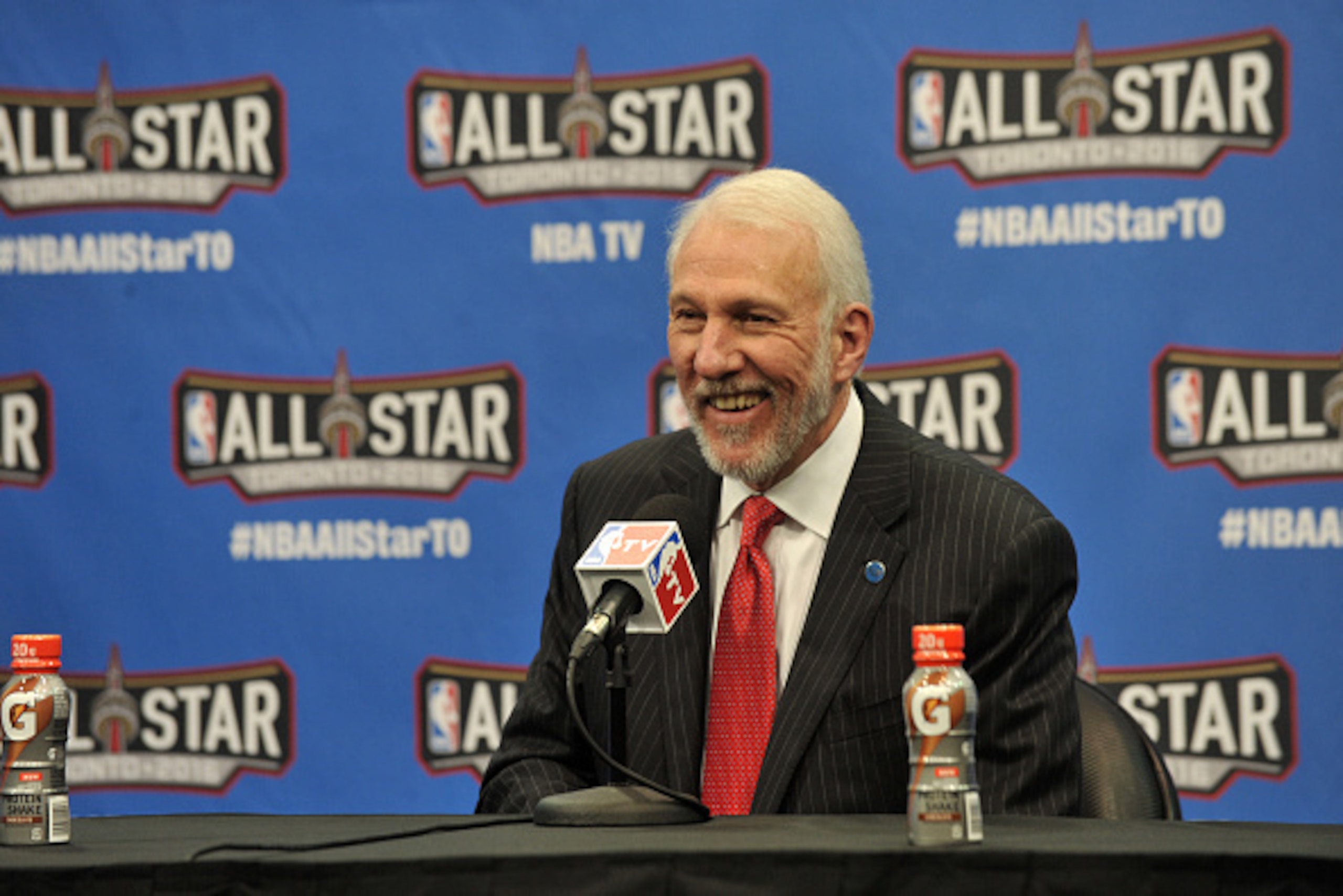 TORONTO, CANADA - FEBRUARY 14:  Head Coach Gregg Popovich of the Western Conference speaks at a press conference after the 2016 NBA All-Star Game on February 14, 2016 at Air Canada Centre in Toronto, Ontario, Canada. NOTE TO USER: User expressly acknowled