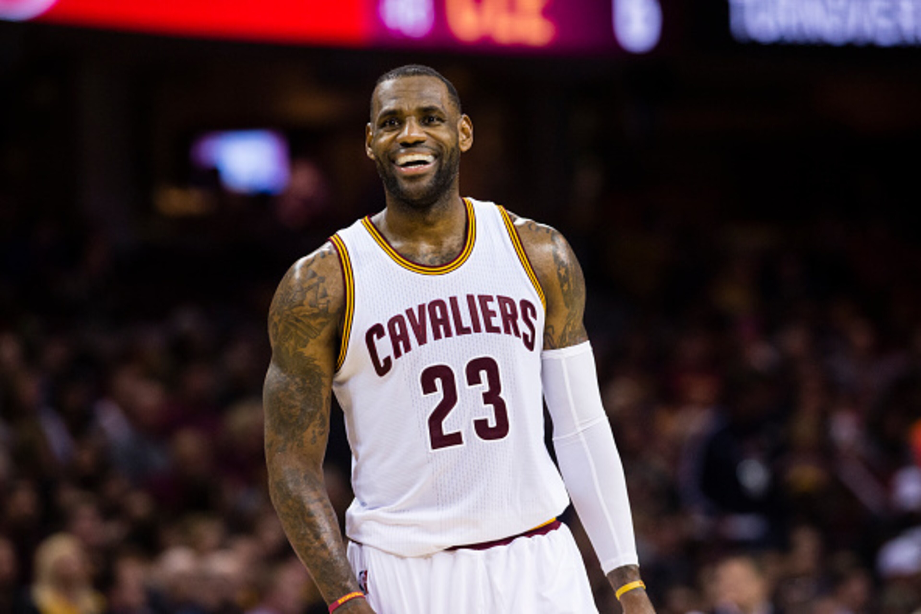 CLEVELAND, OH - FEBRUARY 8: LeBron James #23 of the Cleveland Cavaliers pauses on the court during the first half against the Sacramento Kings at Quicken Loans Arena on February 8, 2016 in Cleveland, Ohio. The Cavaliers defeated the Kings 120-100. NOTE TO