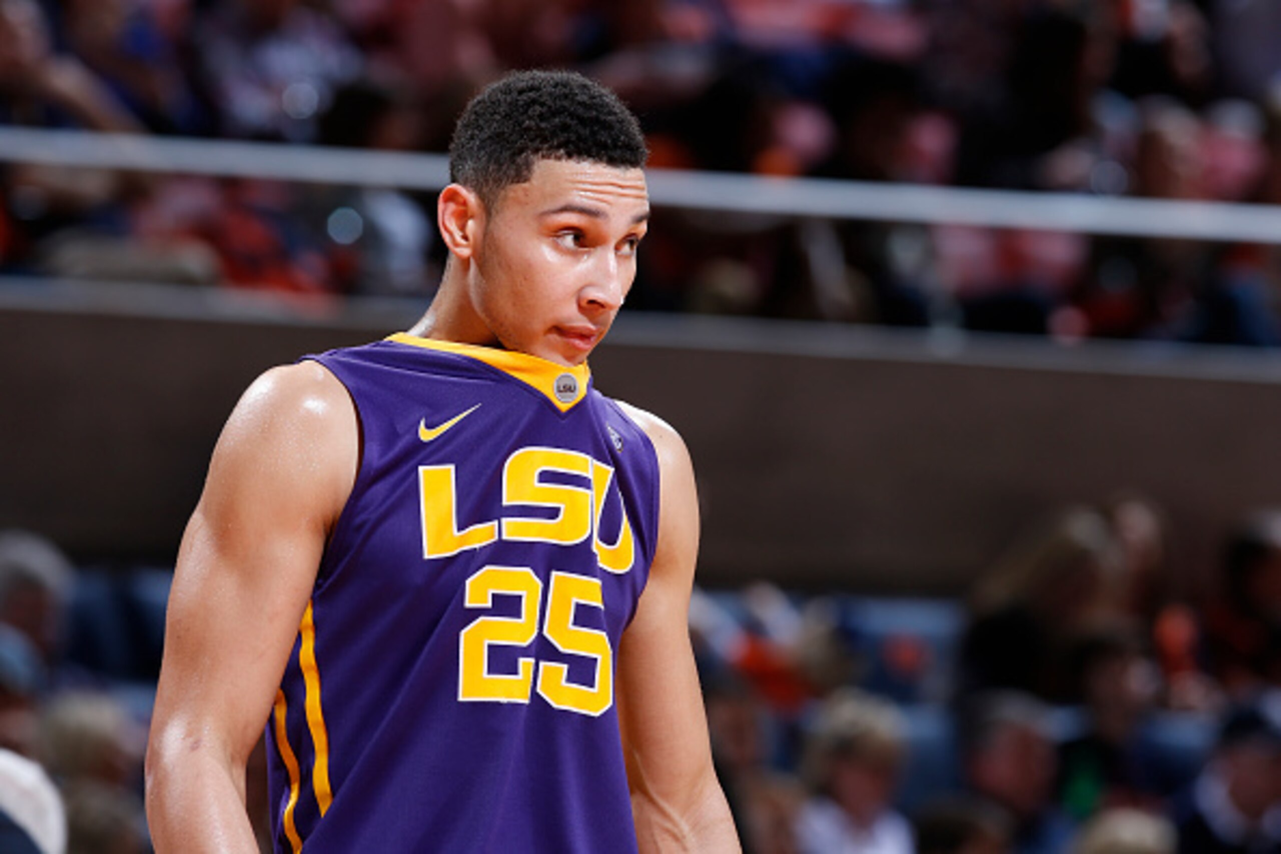 AUBURN, AL - FEBRUARY 2: Ben Simmons #25 of the LSU Tigers looks on against the Auburn Tigers during the game at Auburn Arena on February 2, 2016 in Auburn, Alabama. LSU defeated Auburn 80-68. (Photo by Joe Robbins/Getty Images) AUBURN, AL - FEBRUARY 2: Ben Simmons #25 of the LSU Tigers looks on against the Auburn Tigers during the game at Auburn Arena on February 2, 2016 in Auburn, Alabama. LSU defeated Auburn 80-68. (Photo by Joe Robbins/Getty Images)