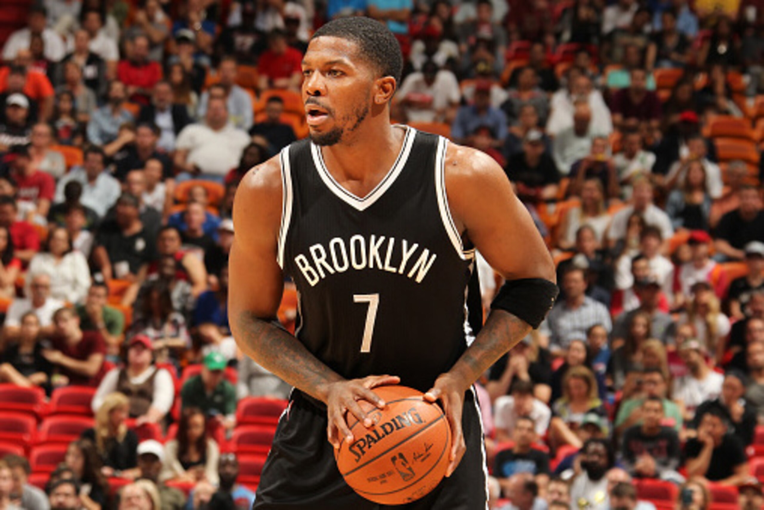 MIAMI, FL - DECEMBER 28: Joe Johnson #7 of the Brooklyn Nets looks to move the ball against the Miami Heat during the game on December 28, 2015 at American Airlines Arena in Miami, Florida. NOTE TO USER: User expressly acknowledges and agrees that, by dow