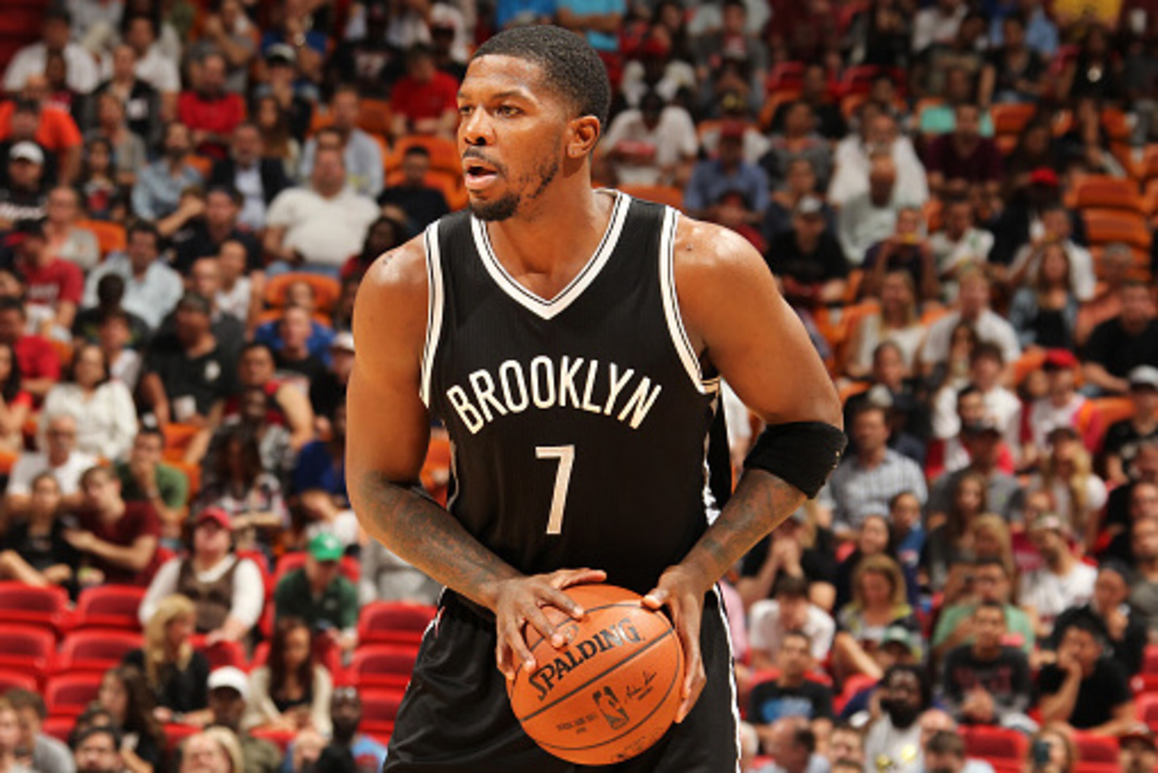 MIAMI, FL - DECEMBER 28: Joe Johnson #7 of the Brooklyn Nets looks to move the ball against the Miami Heat during the game on December 28, 2015 at American Airlines Arena in Miami, Florida. NOTE TO USER: User expressly acknowledges and agrees that, by dow