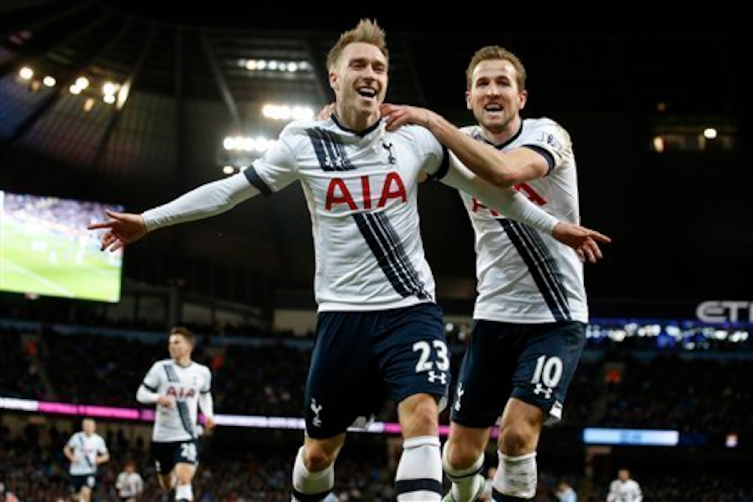 Eriksen and Kane celebrate as Spurs beat City.