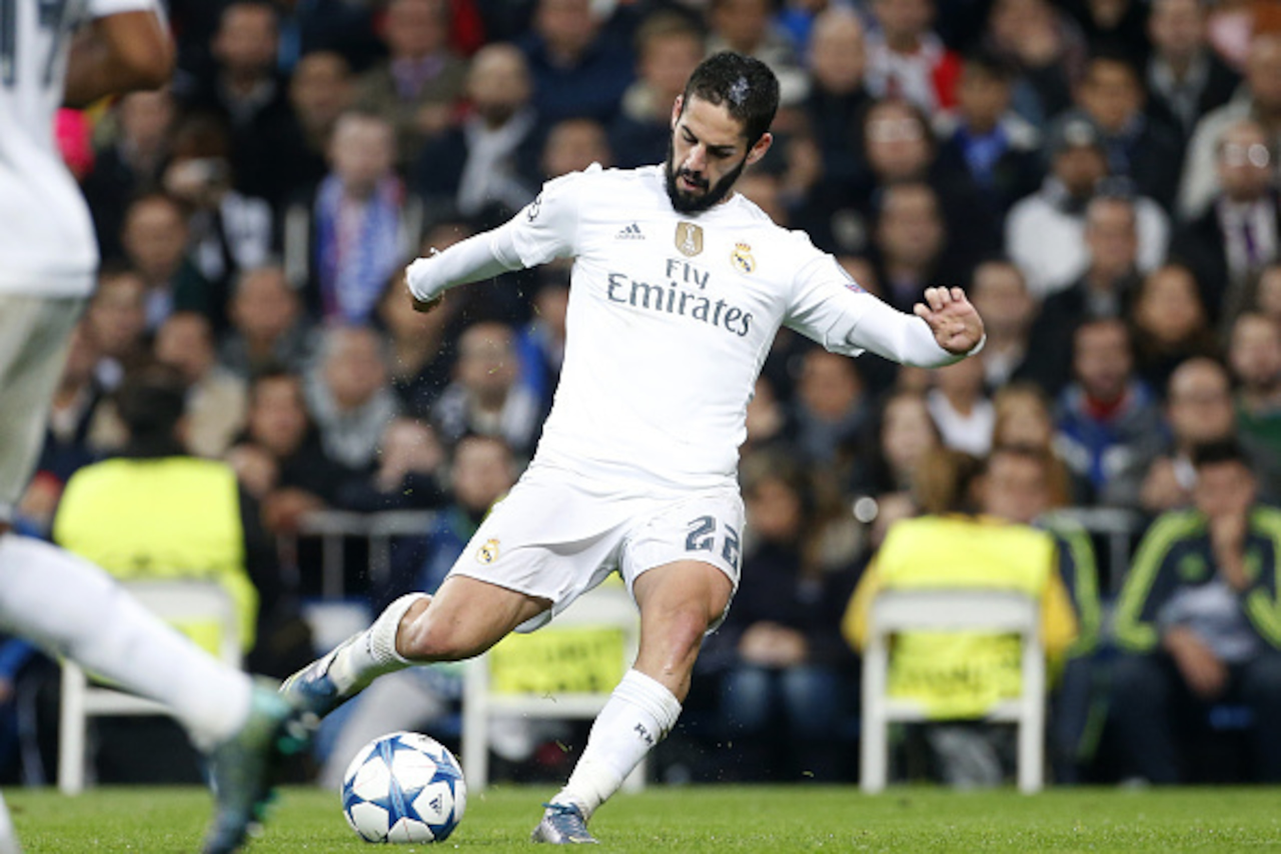 MADRID, SPAIN - NOVEMBER 3: Isco of Real Madrid in action during the UEFA Champions League match between Real Madrid and Paris Saint-Germain (PSG) at Santiago Bernabeu stadium on November 3, 2015 in Madrid, Spain. (Photo by Jean Catuffe/Getty Images)