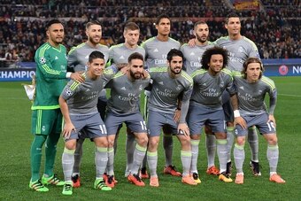 Real Madrid's team players (from top left) Real Madrid's goalkeeper Keylor Navas, Real Madrid's defender Sergio Ramos, Real Madrid's German midfielder Toni Kroos, Real Madrid's French defender Raphael Varane, Real Madrid's French forward Karim Benzema, Re