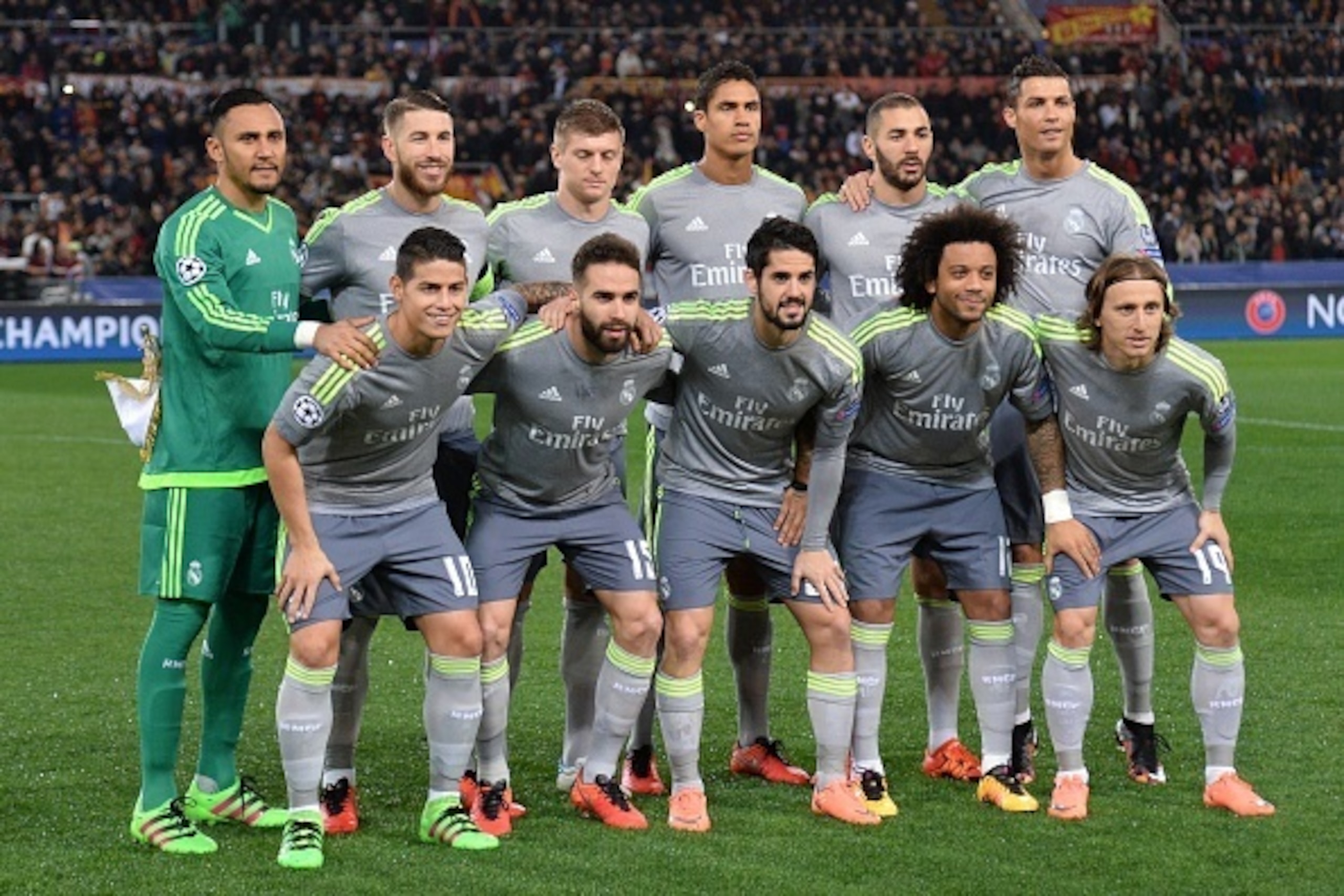 Real Madrid's team players (from top left) Real Madrid's goalkeeper Keylor Navas, Real Madrid's defender Sergio Ramos, Real Madrid's German midfielder Toni Kroos, Real Madrid's French defender Raphael Varane, Real Madrid's French forward Karim Benzema, Re Real Madrid's team players (from top left) Real Madrid's goalkeeper Keylor Navas, Real Madrid's defender Sergio Ramos, Real Madrid's German midfielder Toni Kroos, Real Madrid's French defender Raphael Varane, Real Madrid's French forward Karim Benzema, Re