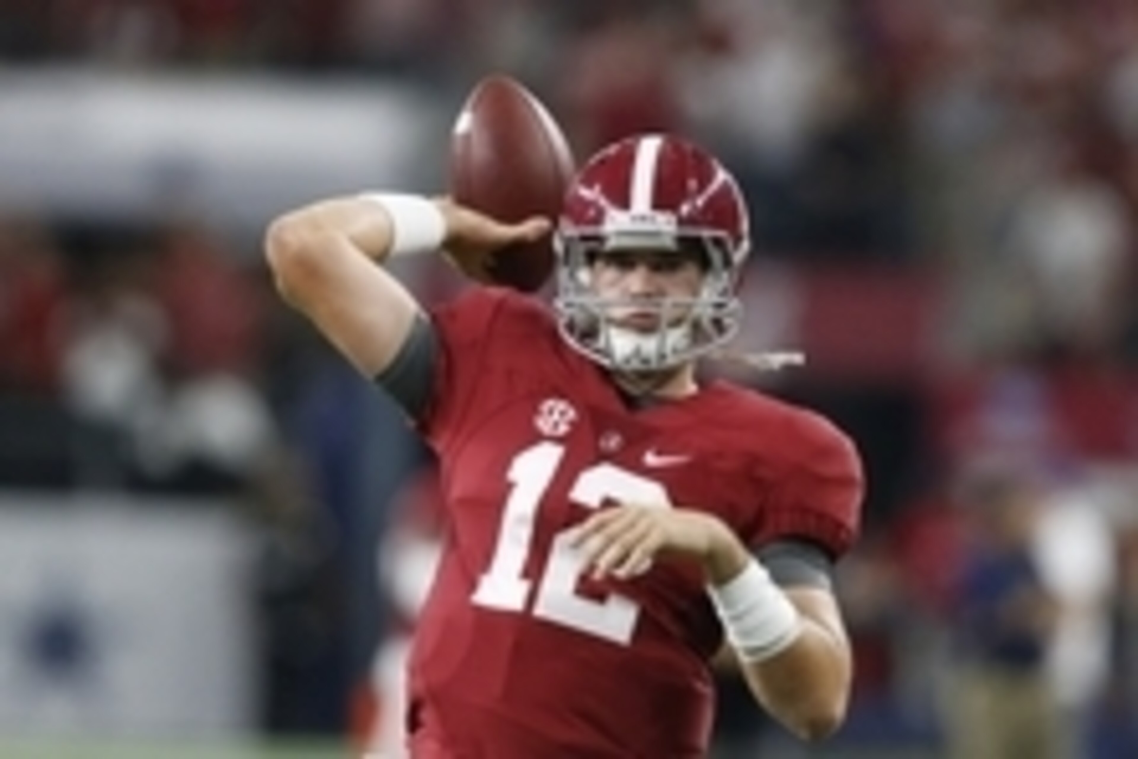 Sep 5, 2015; Arlington, TX, USA; Alabama Crimson Tide quarterback David Cornwell (12) throws prior to the game against the Wisconsin Badgers at AT&T Stadium. Mandatory Credit: Matthew Emmons-USA TODAY Sports