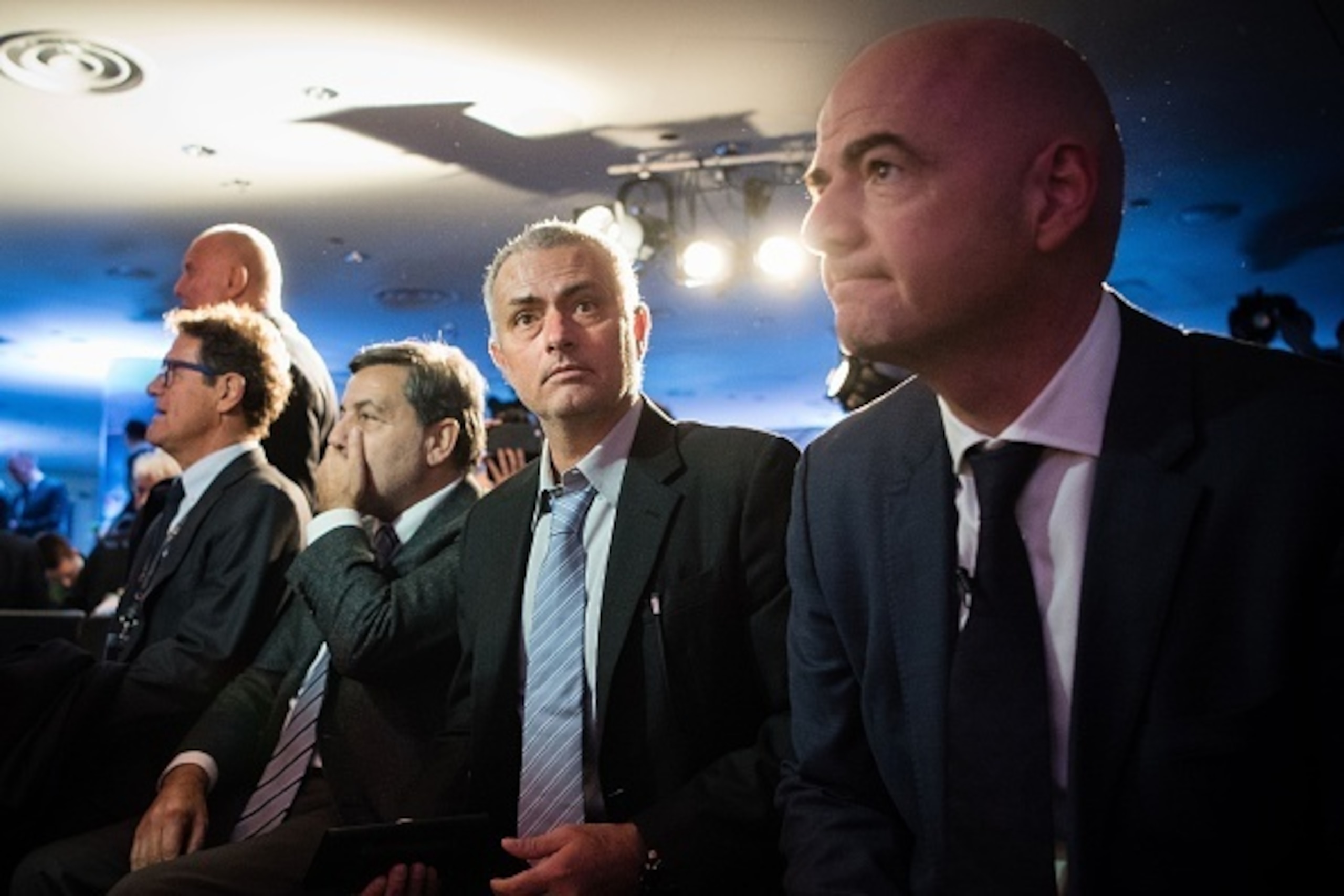 Former Chelsea coach Portugal's Jose Mourinho (C) and UEFA general secretary Gianni Infantino (R) wait for the start of Infantino's press conference at Wembley stadium in London on February 1, 2016.
A stellar cast of football figures including Jose Mouri Former Chelsea coach Portugal's Jose Mourinho (C) and UEFA general secretary Gianni Infantino (R) wait for the start of Infantino's press conference at Wembley stadium in London on February 1, 2016.
A stellar cast of football figures including Jose Mouri