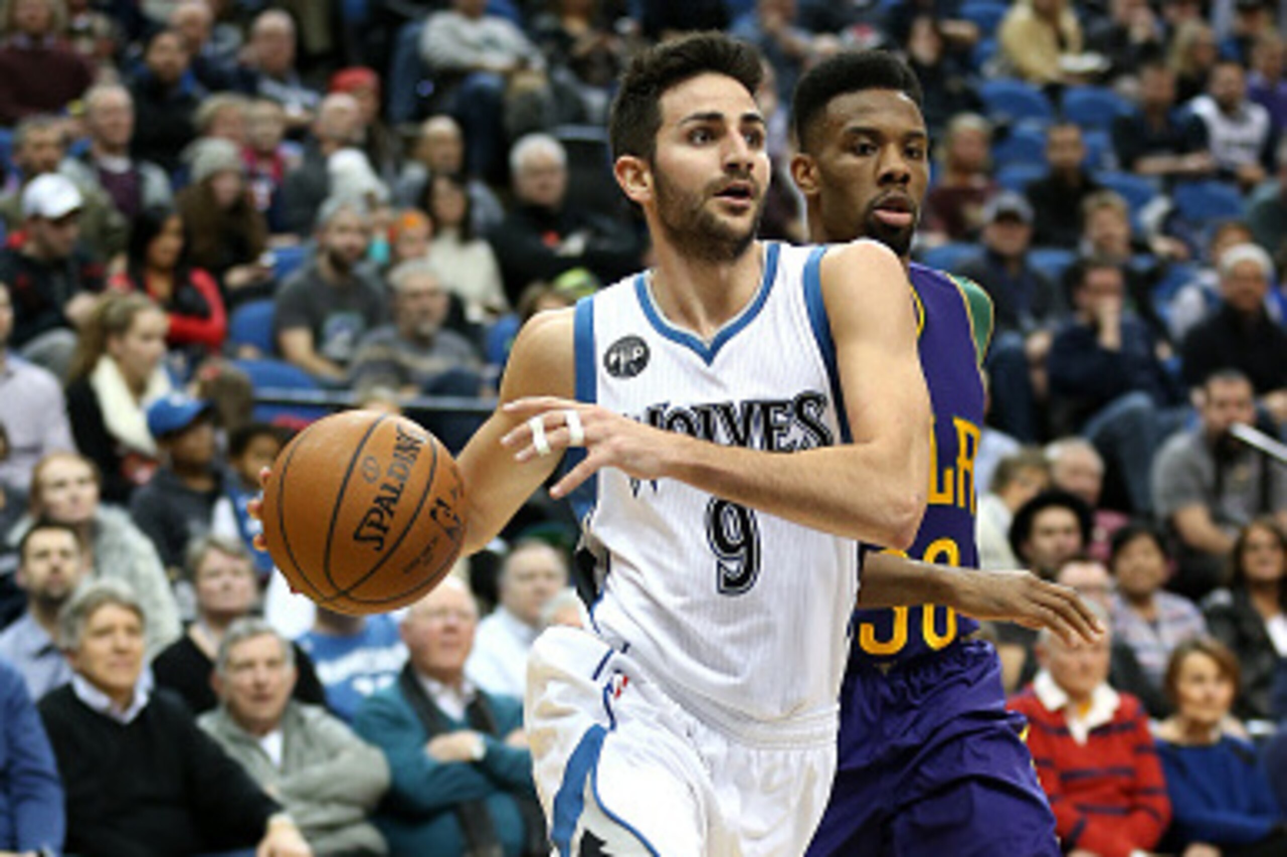 MINNEAPOLIS, MN - FEBRUARY 8: Ricky Rubio #9 of the Minnesota Timberwolves drives to the basket during the game against the New Orleans Pelicans on February 8, 2016 at Target Center in Minneapolis, Minnesota. NOTE TO USER: User expressly acknowledges and 