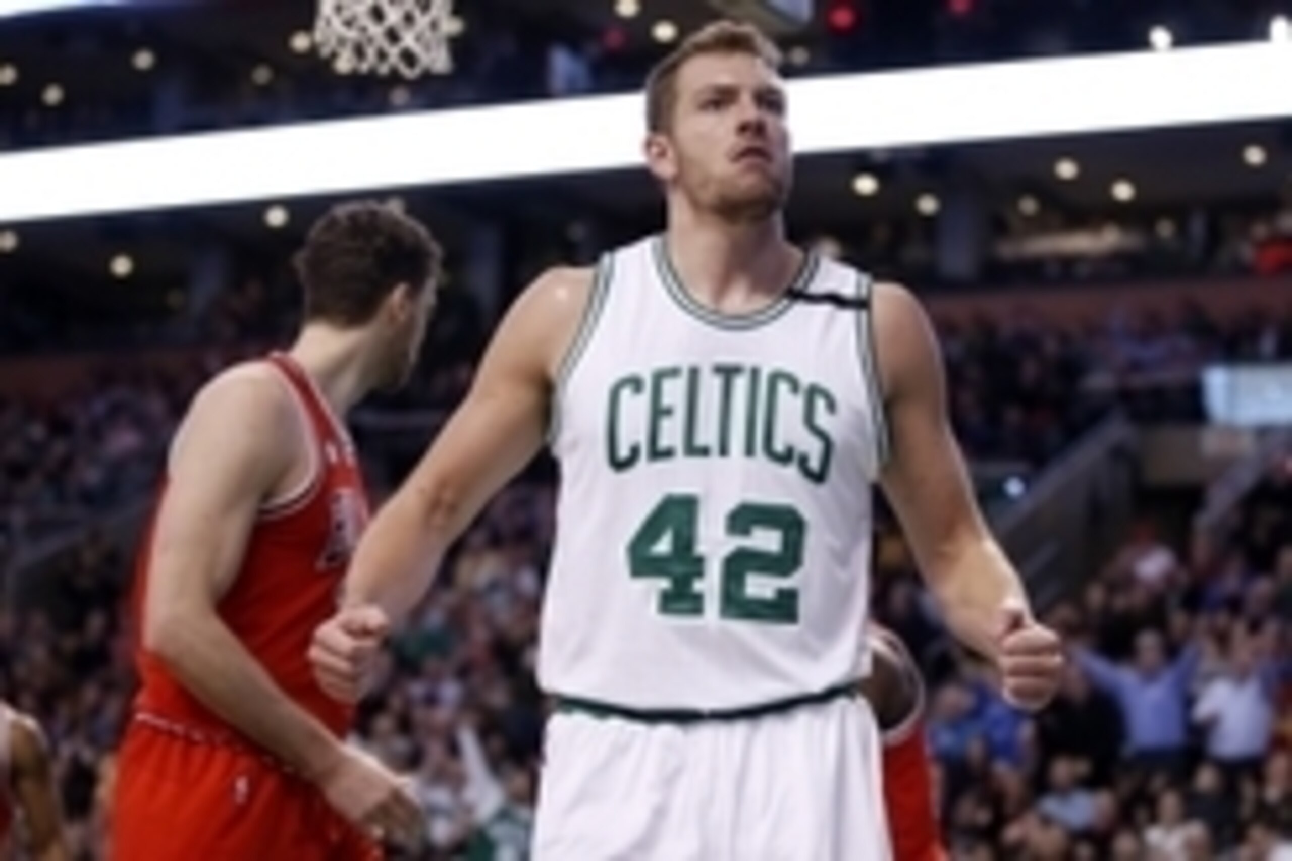 Dec 9, 2015; Boston, MA, USA; Boston Celtics forward David Lee (42) reacts to the crowd after his basket against the Chicago Bulls  in the second half at TD Garden. Celtics defeated the Bulls 105-100. Mandatory Credit: David Butler II-USA TODAY Sports