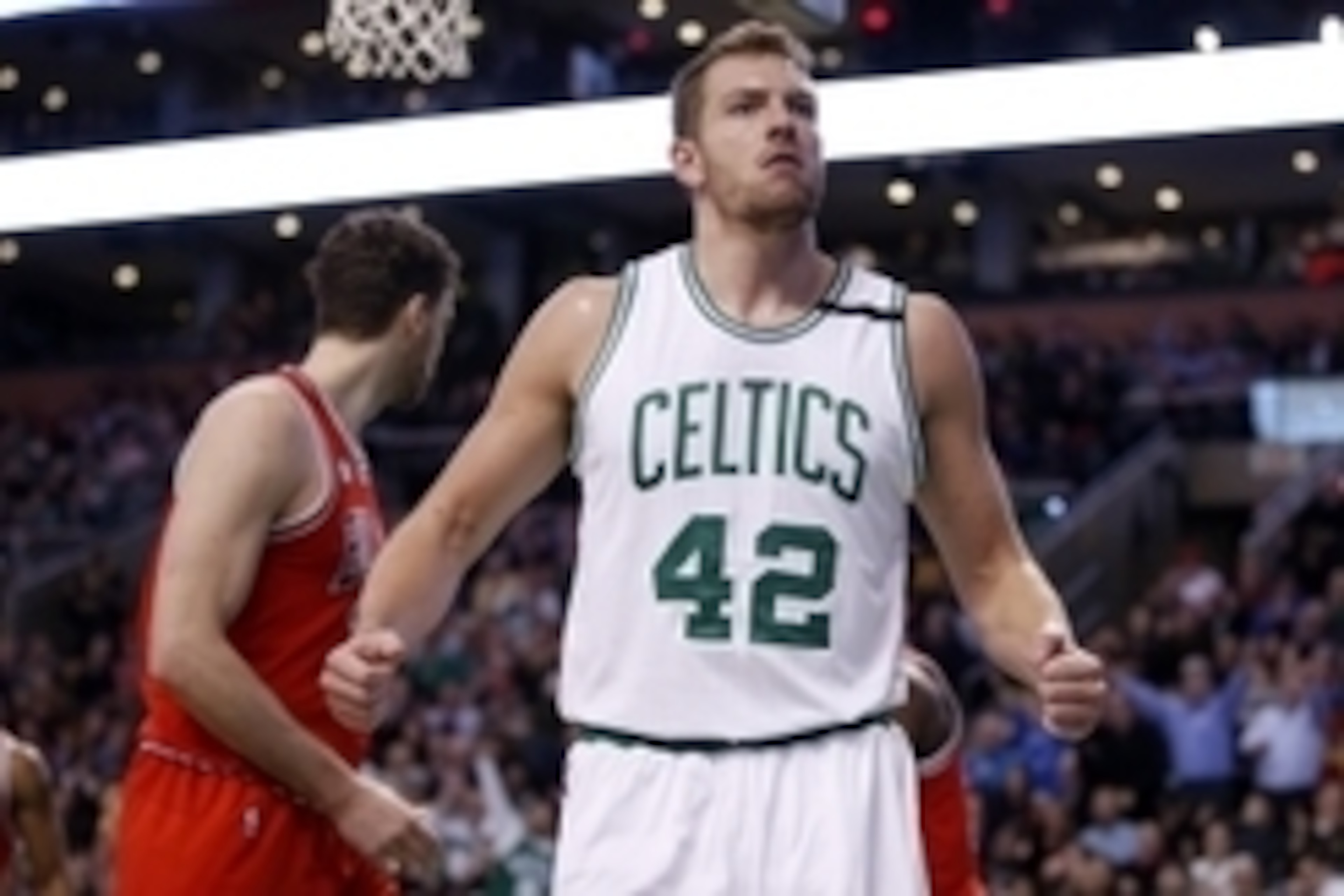 Dec 9, 2015; Boston, MA, USA; Boston Celtics forward David Lee (42) reacts to the crowd after his basket against the Chicago Bulls in the second half at TD Garden. Celtics defeated the Bulls 105-100. Mandatory Credit: David Butler II-USA TODAY Sports Dec 9, 2015; Boston, MA, USA; Boston Celtics forward David Lee (42) reacts to the crowd after his basket against the Chicago Bulls in the second half at TD Garden. Celtics defeated the Bulls 105-100. Mandatory Credit: David Butler II-USA TODAY Sports